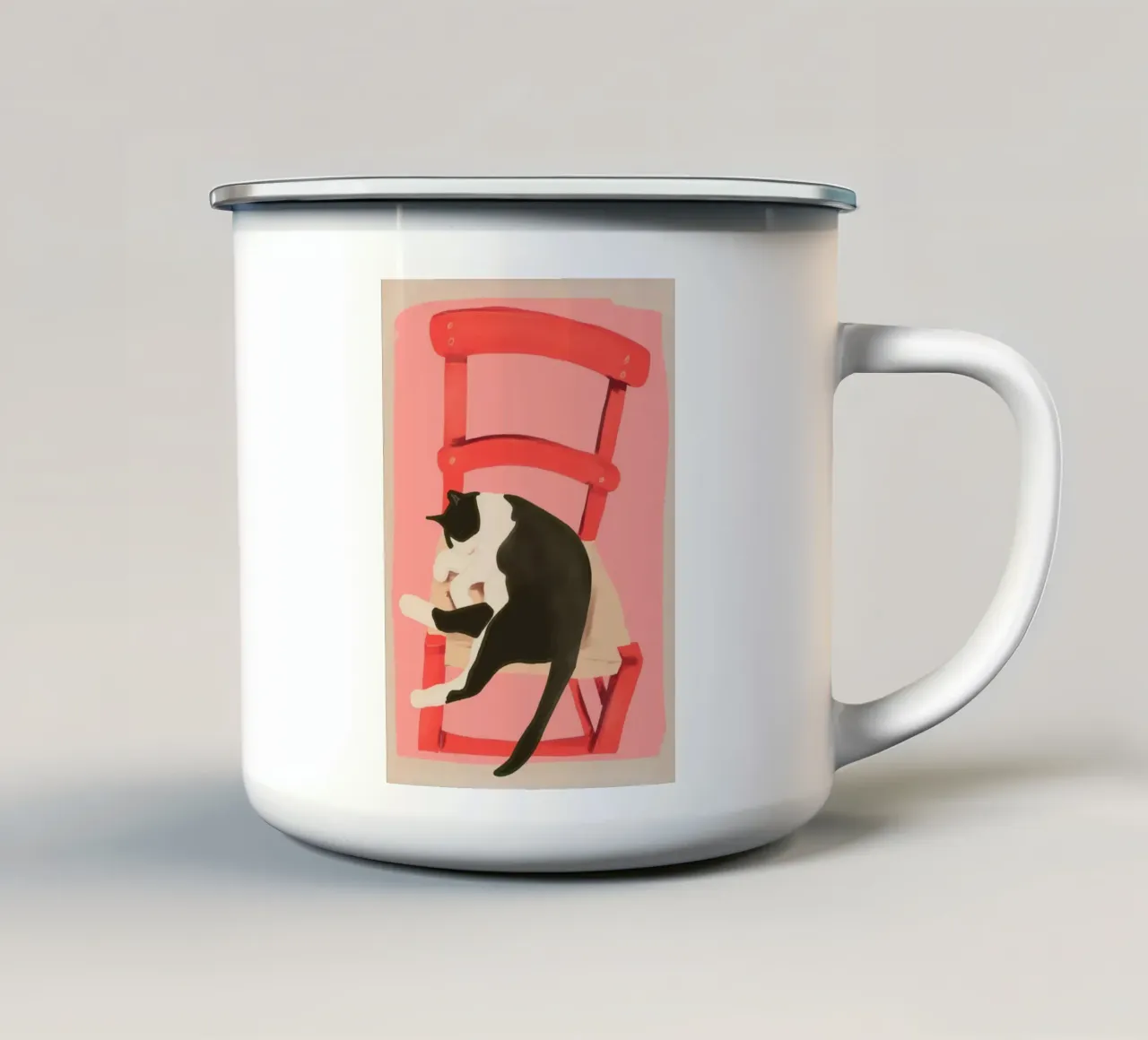 Gatto su sedia rossa tazza in smalto da LeaDArt