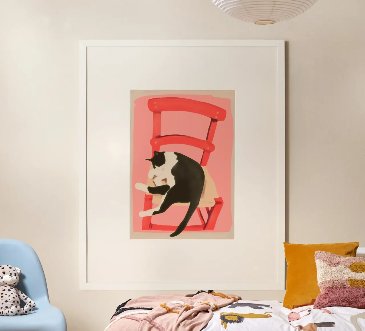 Gatto su sedia rossa poster con telaio in plastica da LeaDArt