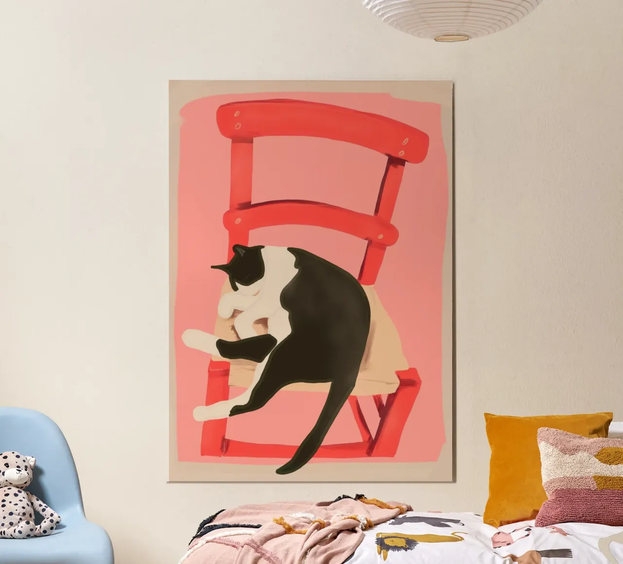 Gatto su sedia rossa poster con telaio in plastica da LeaDArt