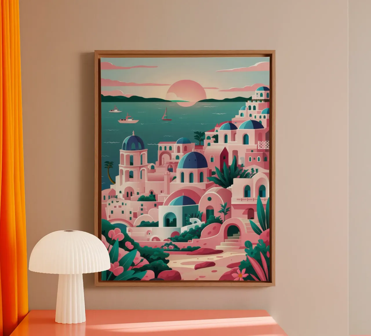 Santorini Zonsondergang Droom canvas met Baklijst van Irish Strokes