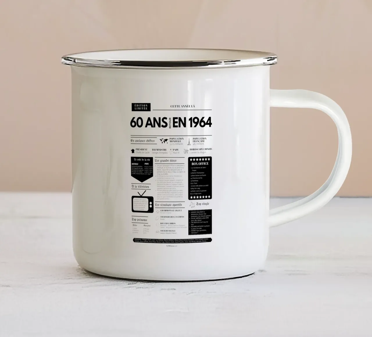 Dagboek van het jaar 60 jaar terug in 1974 emaille mok van fltmfrance