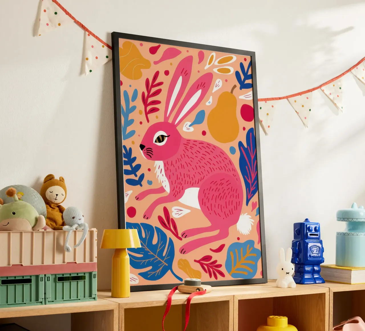 Il coniglio rosa poster con telaio in alluminio da Luna Aura