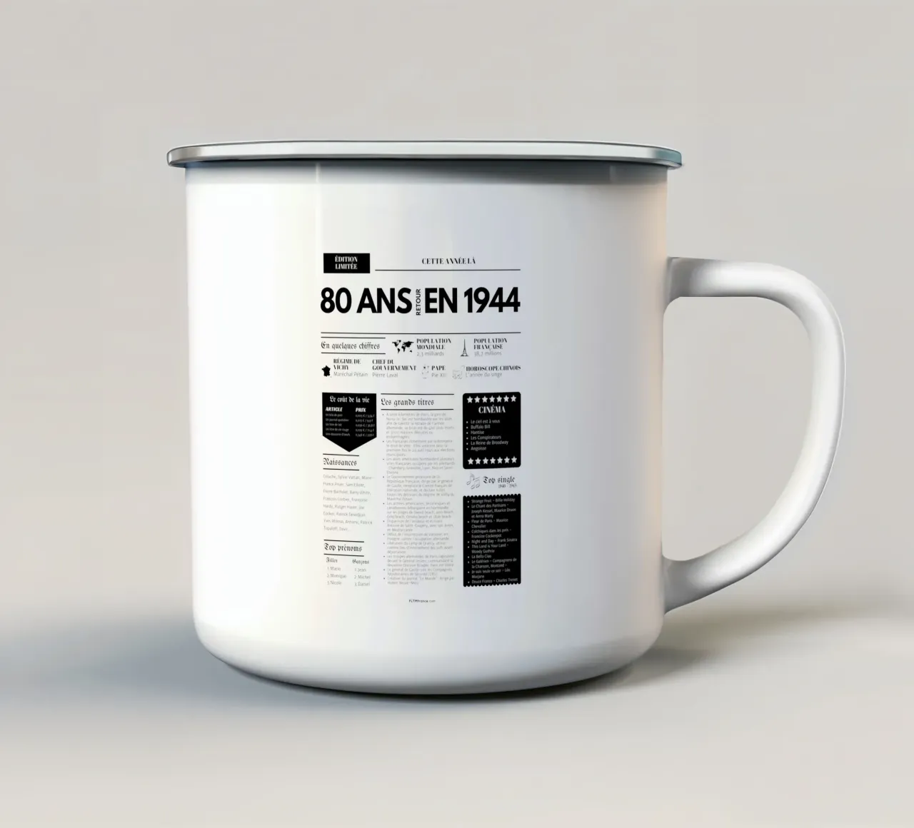 Dagboek van het jaar 80 jaar terug in 1944 emaille mok van fltmfrance