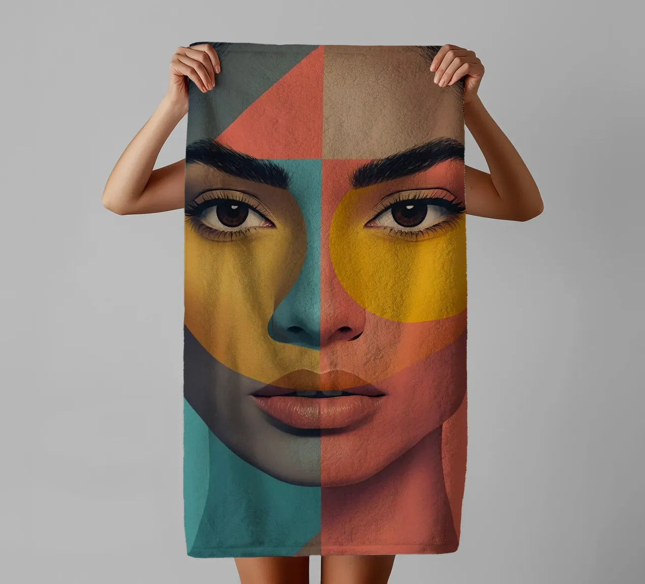 Woman's Face with Geometric Color Blocking art towel by DesignDoodle