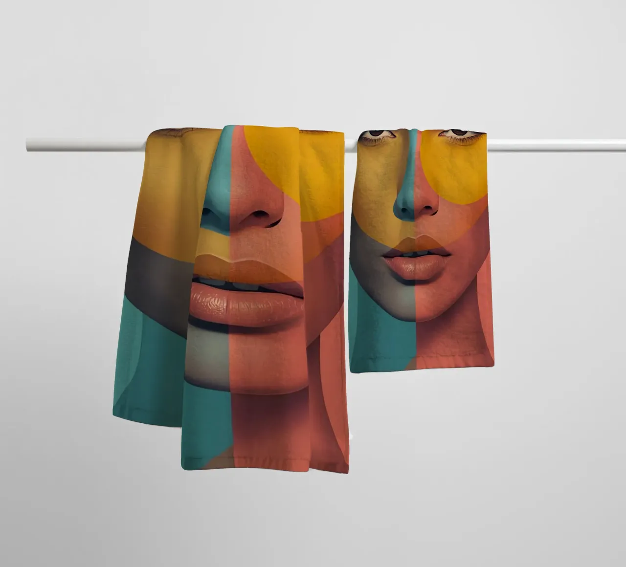 Woman's Face with Geometric Color Blocking art towel by DesignDoodle