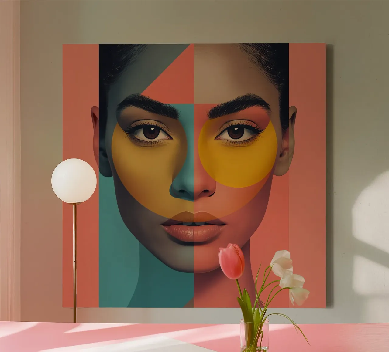 Woman's Face with Geometric Color Blocking art canvas with Floater frame by DesignDoodle