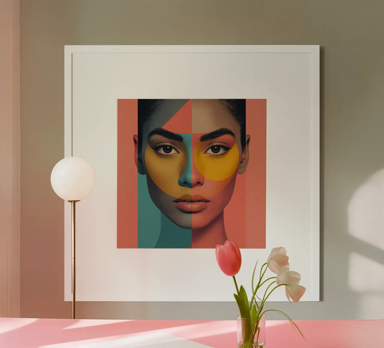 Woman's Face with Geometric Color Blocking art poster with wooden frame by DesignDoodle