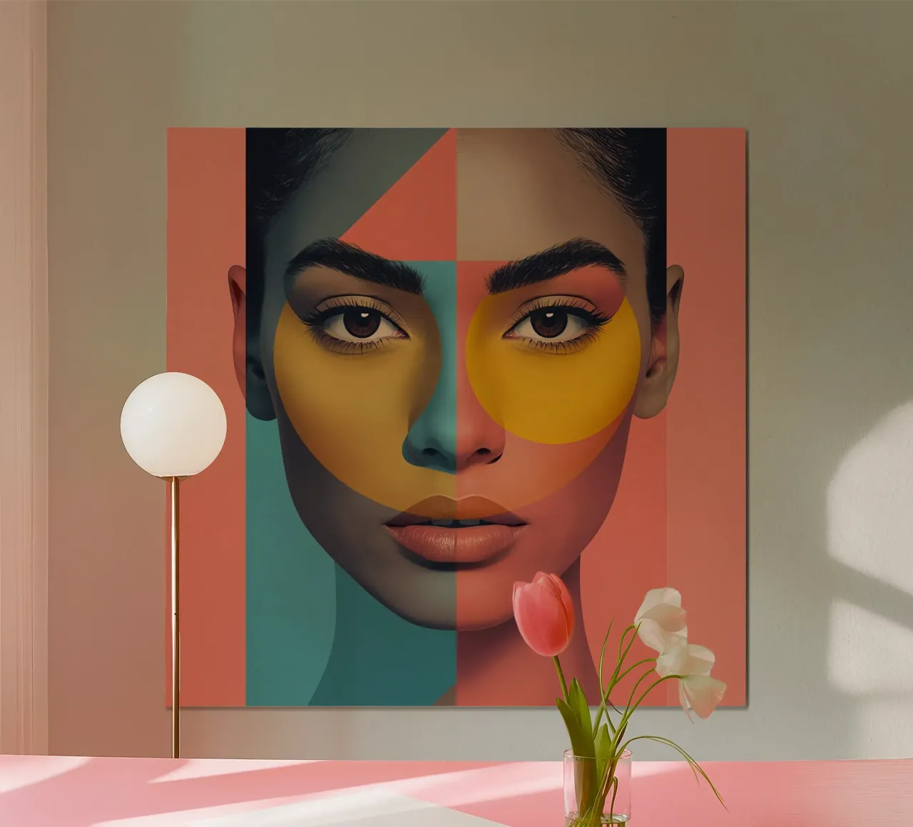 Woman's Face with Geometric Color Blocking art poster with wooden frame by DesignDoodle