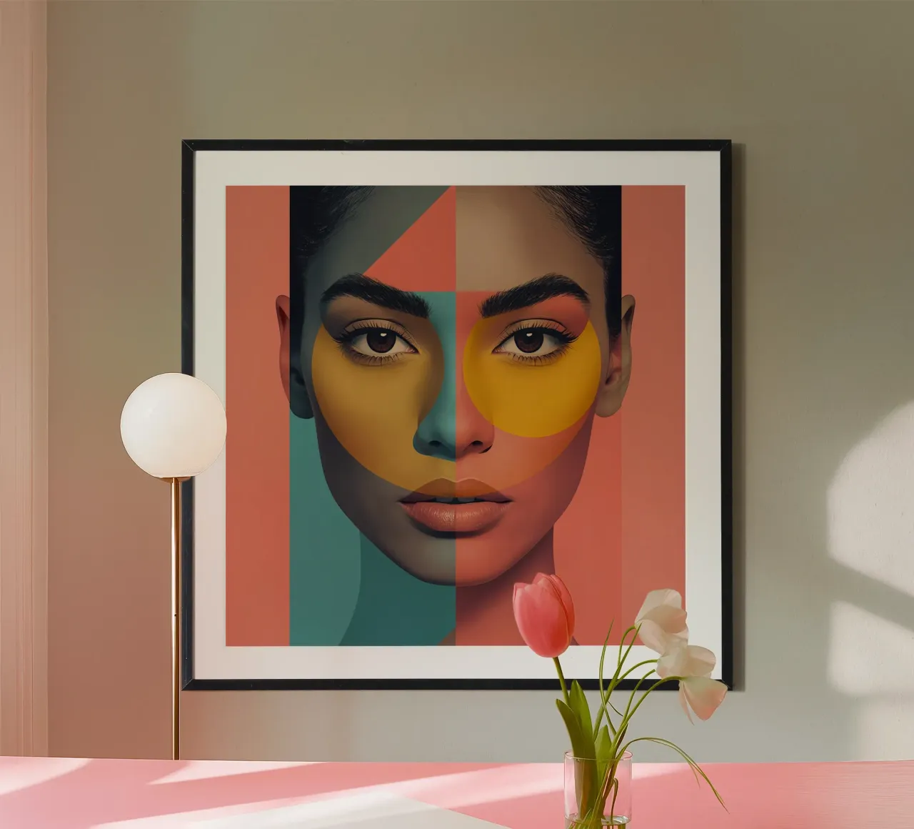 Woman's Face with Geometric Color Blocking art poster with wooden frame by DesignDoodle