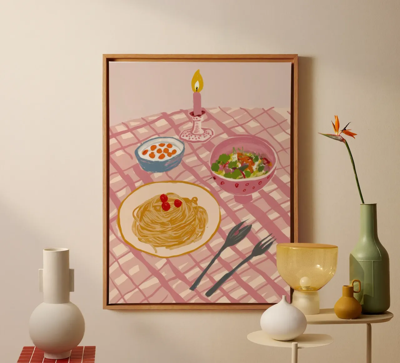 Pasta para uno a la luz de las velas lienzo con Marco flotante de Irish Strokes