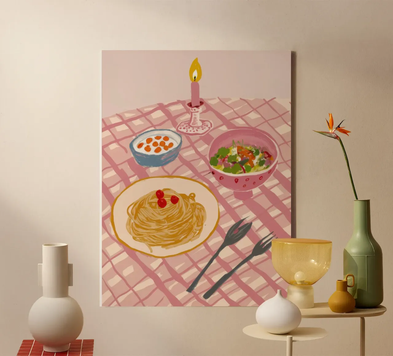 Pasta para uno a la luz de las velas lienzo con Marco flotante de Irish Strokes