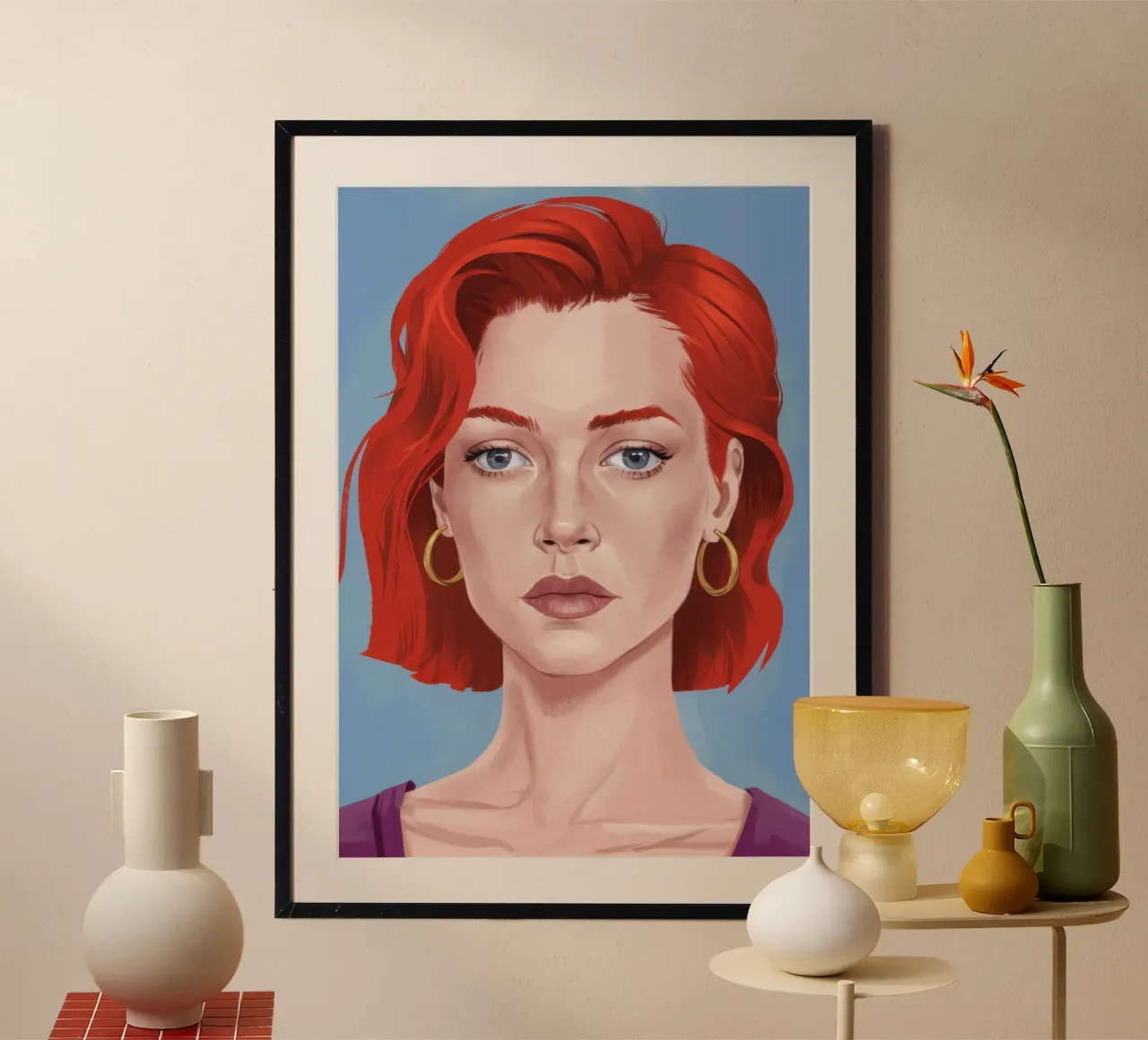 Ritratto dello sguardo di fuoco poster con telaio in legno da Luna Aura