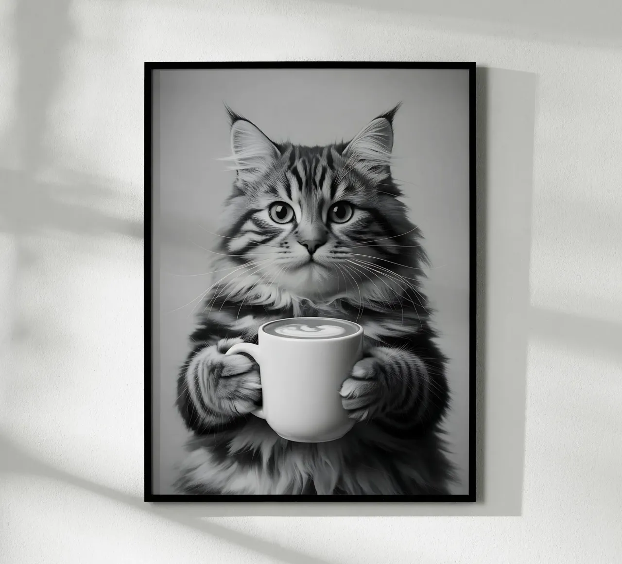 Pausa caffè Gatto Maine Coon poster con telaio in legno da Plain Thoughts