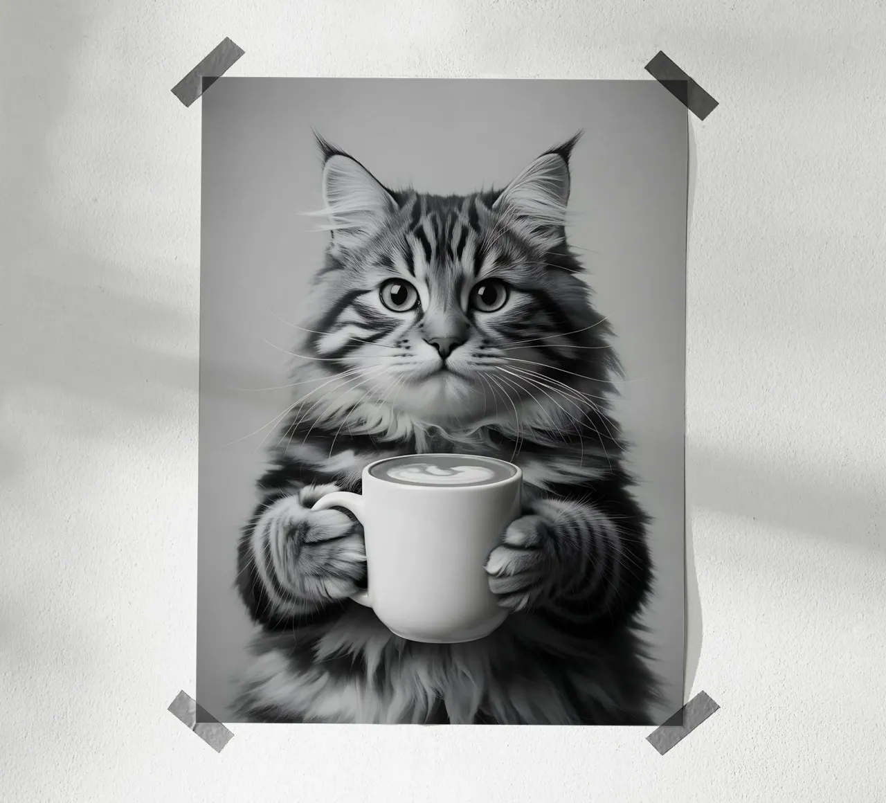 Pausa caffè Gatto Maine Coon poster con telaio in legno da Plain Thoughts