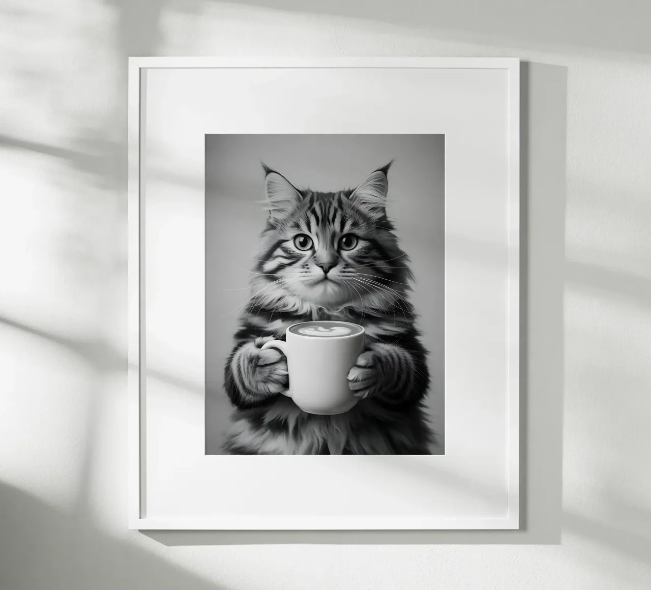 Pausa caffè Gatto Maine Coon poster con telaio in legno da Plain Thoughts