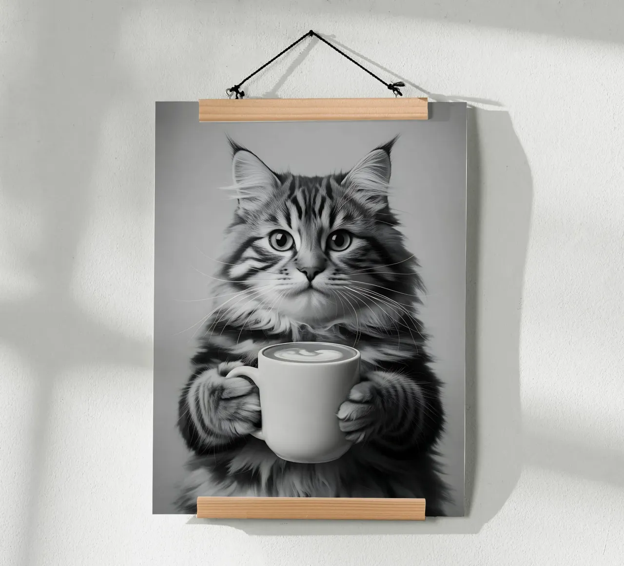 Pausa caffè Gatto Maine Coon poster con telaio in legno da Plain Thoughts
