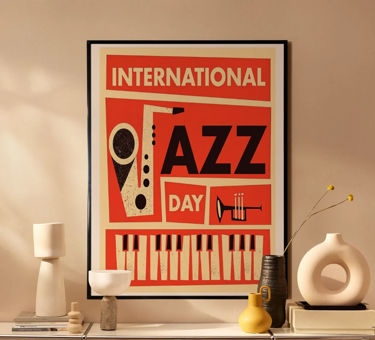 Giornata del jazz in stile vintage poster con telaio in legno da Music Fest