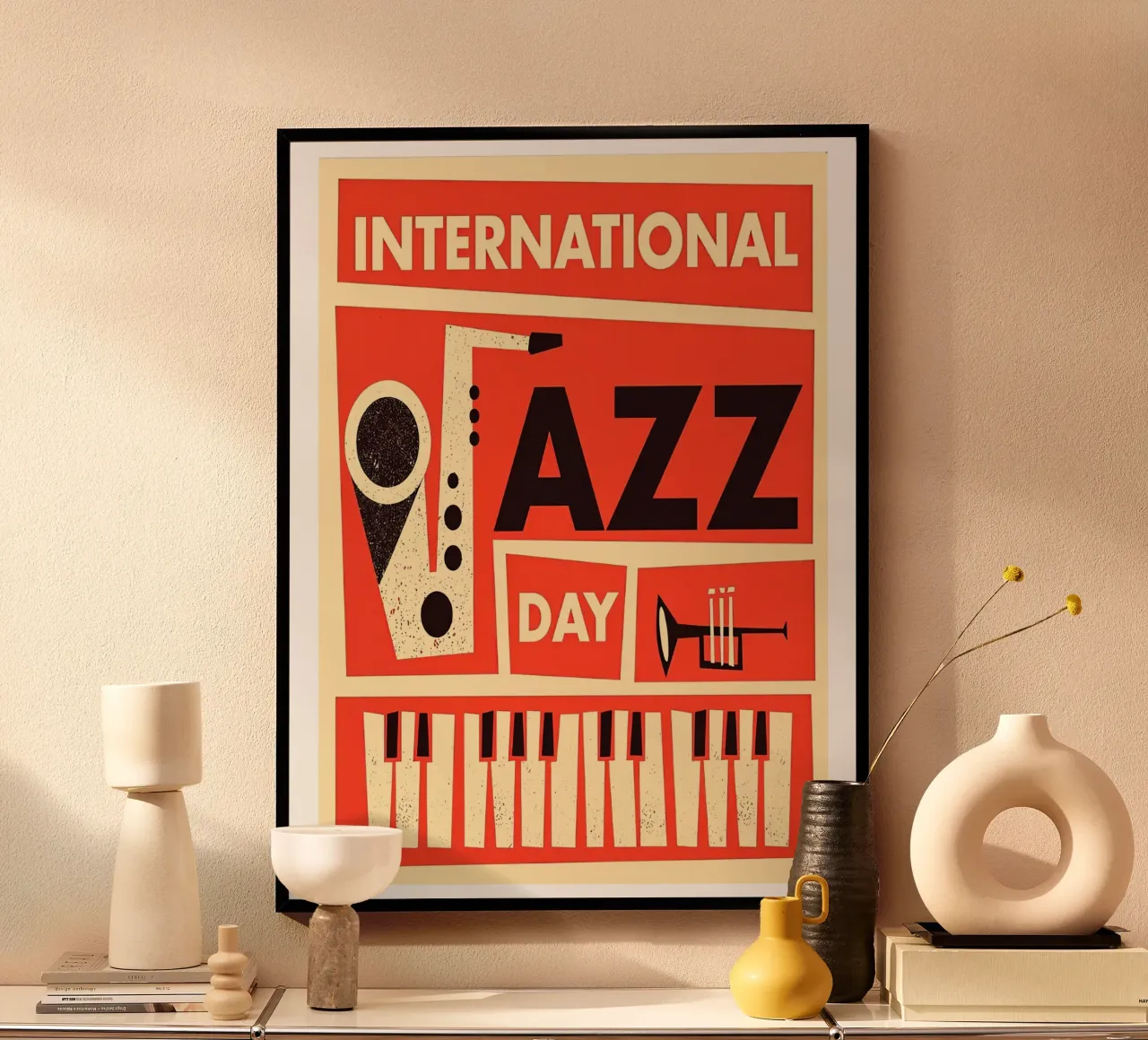 Giornata del jazz in stile vintage poster con telaio in legno da Music Fest