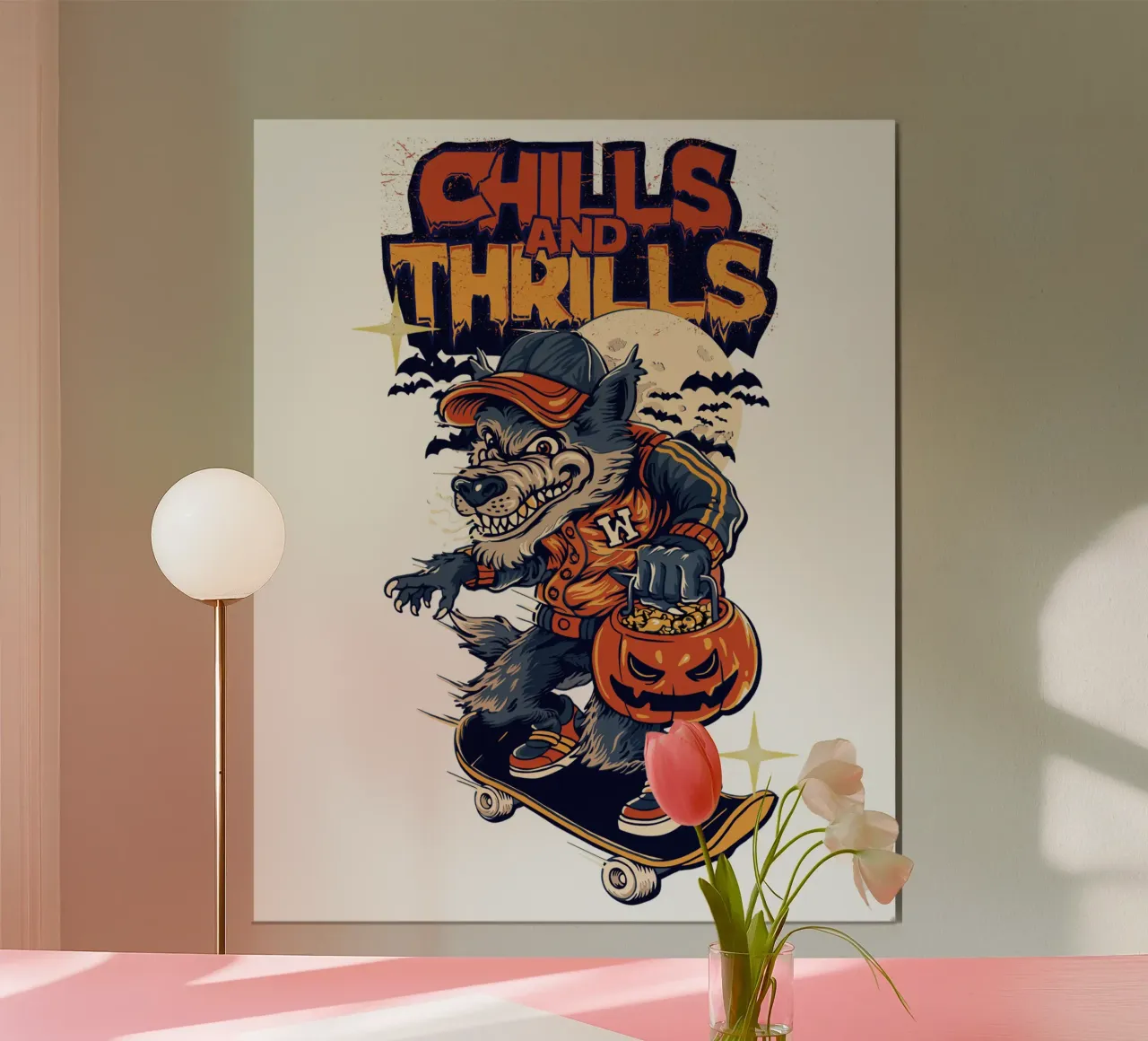 brividi brividi lupo skate halloween poster con telaio in legno da muhidines