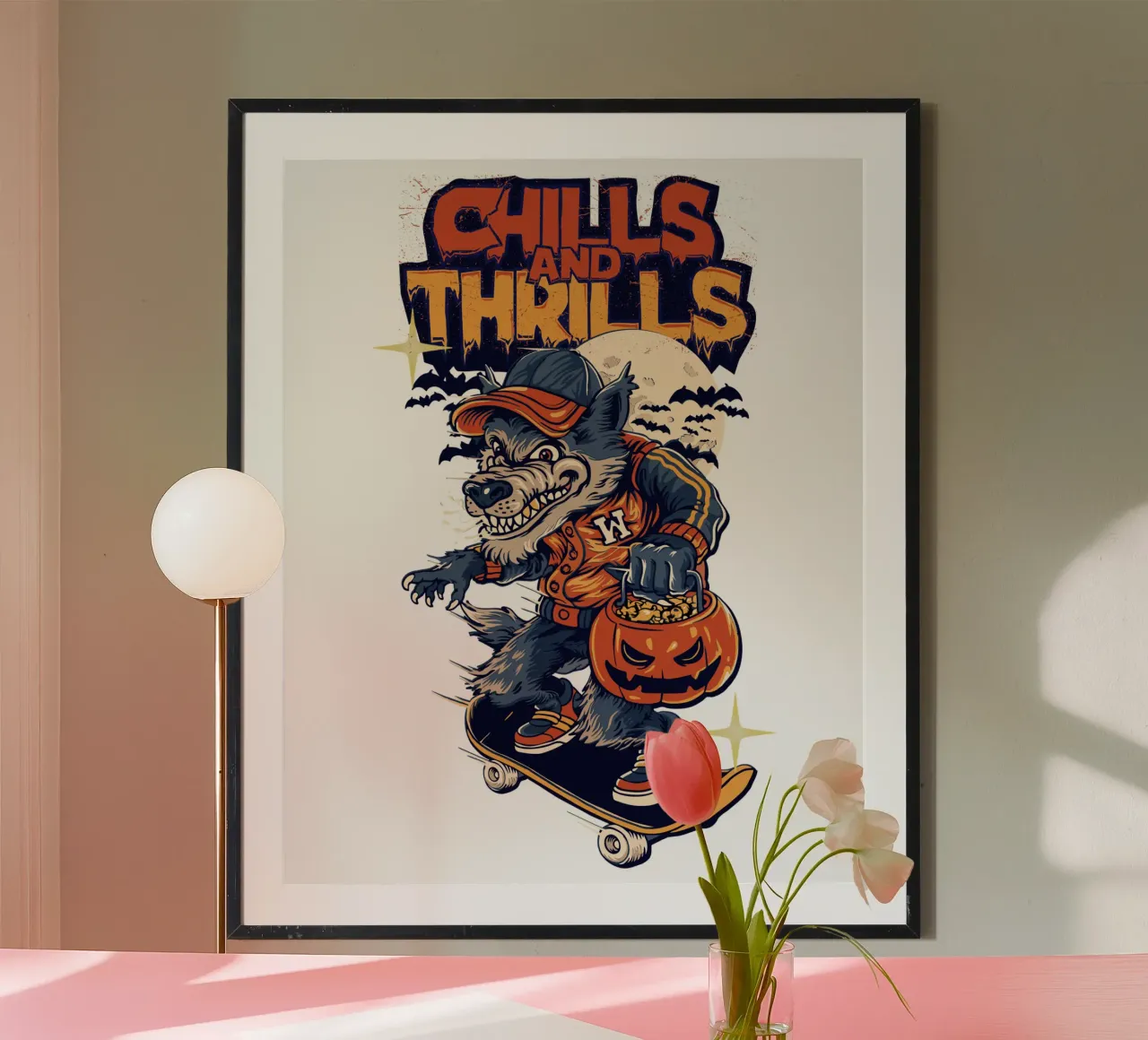 brividi brividi lupo skate halloween poster con telaio in legno da muhidines