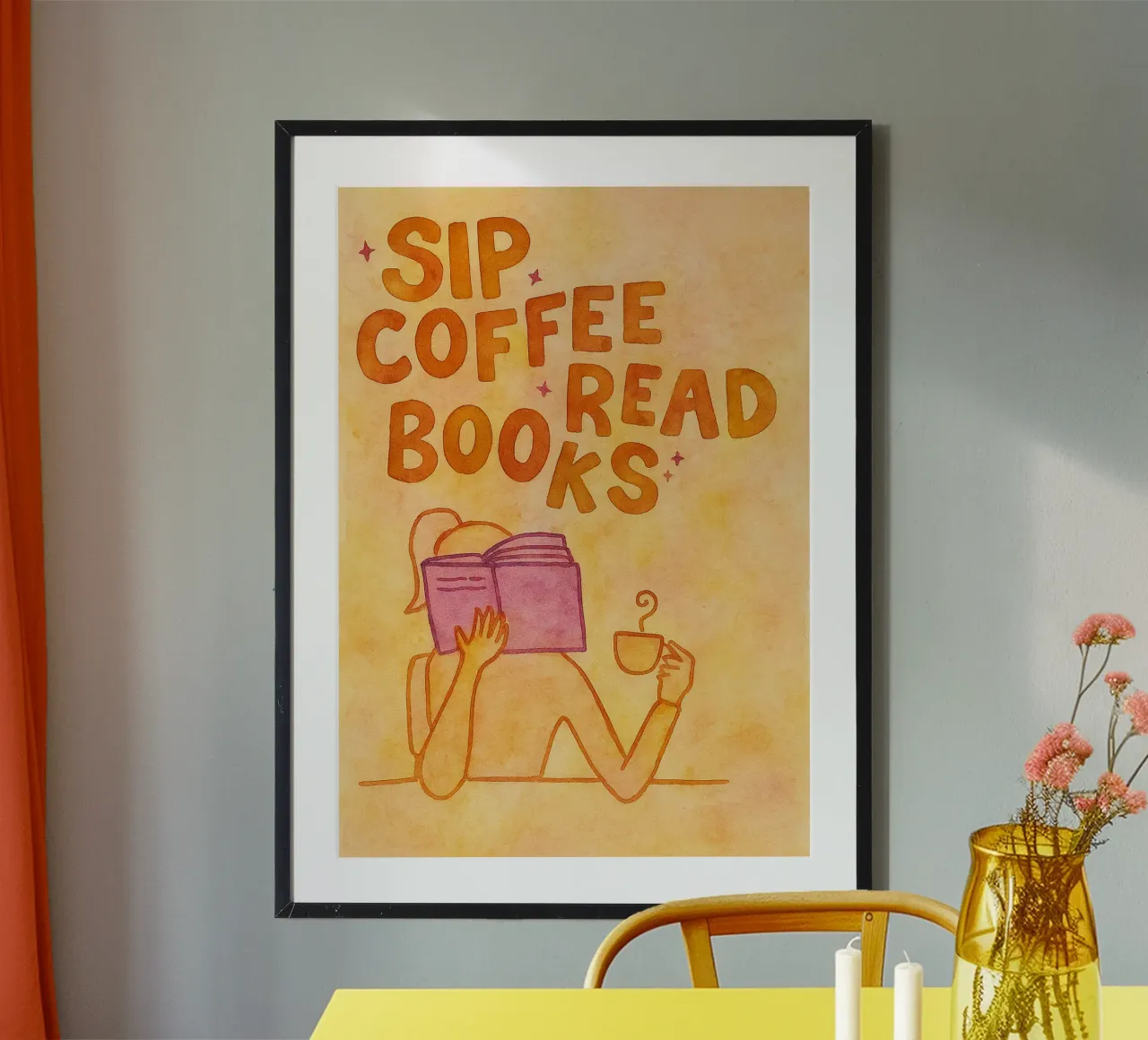 disegno di caffè e libri poster con telaio in alluminio da muhidines