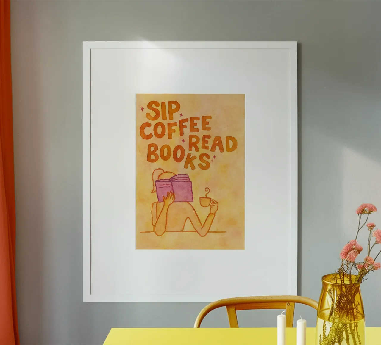 disegno di caffè e libri poster con telaio in alluminio da muhidines