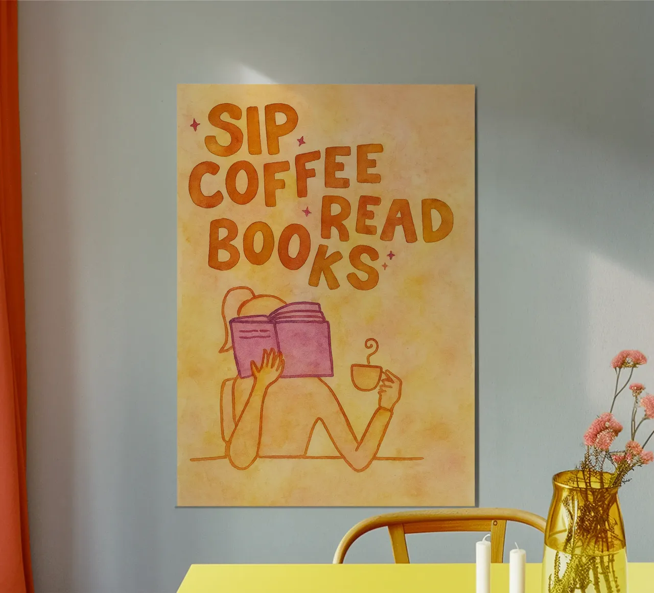 disegno di caffè e libri poster con telaio in alluminio da muhidines