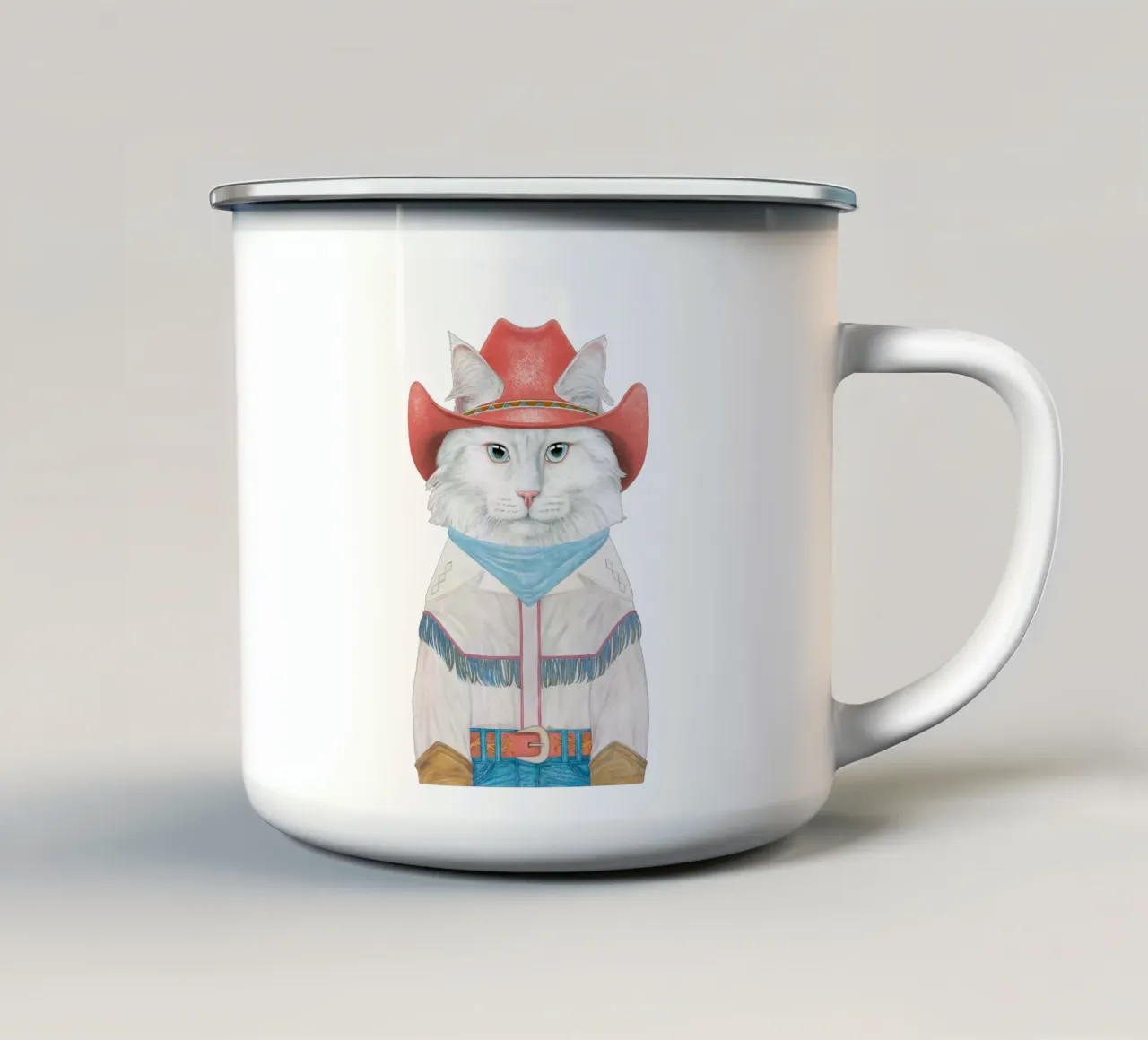 Gatto Cowboy - Pelo lungo bianco tazza in smalto da Animal Crew