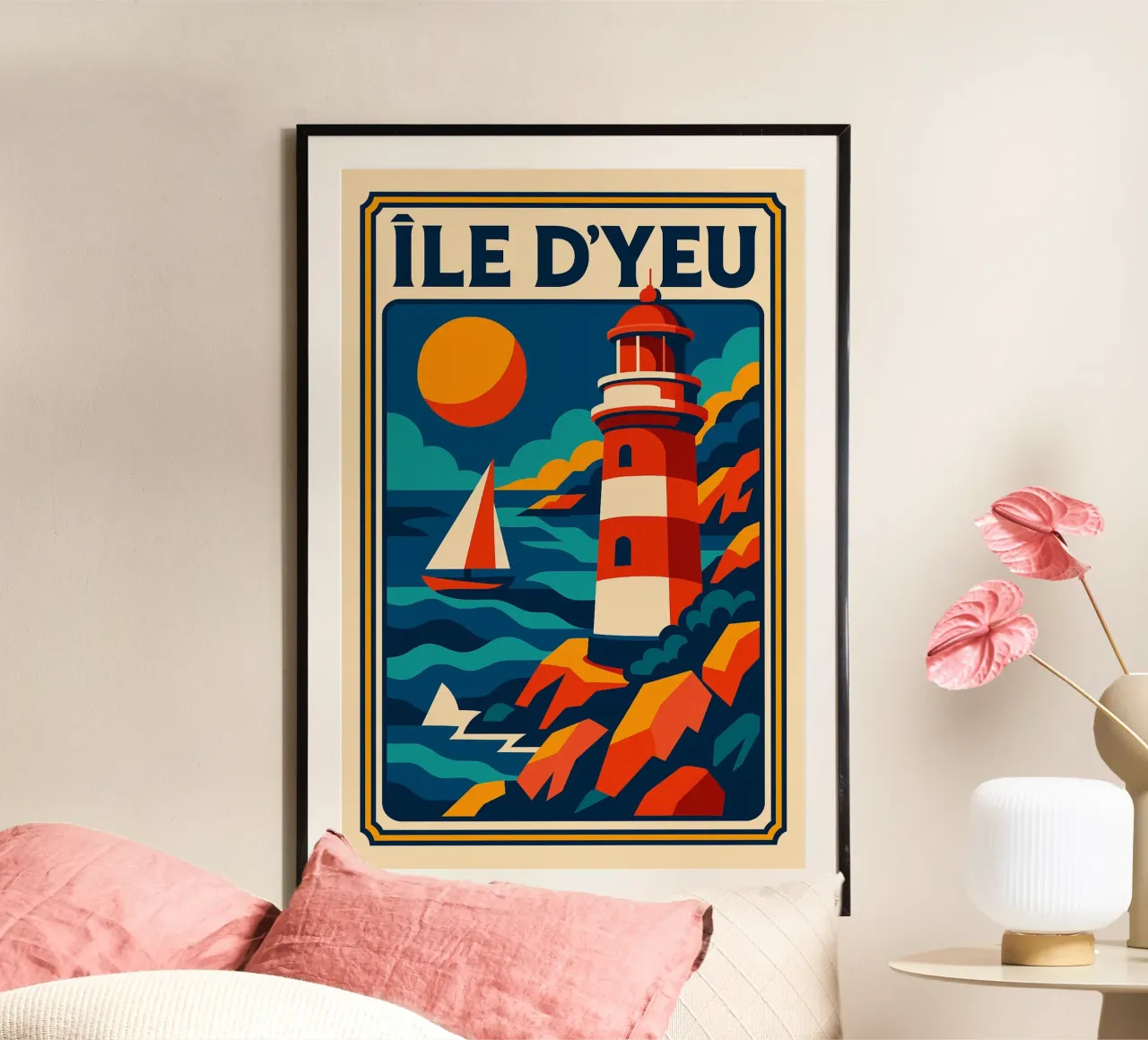 ÎLE D'YEU - Il faro rosso che si affaccia sull'Atlantico poster con telaio in alluminio da JETLAG | affiches voyage