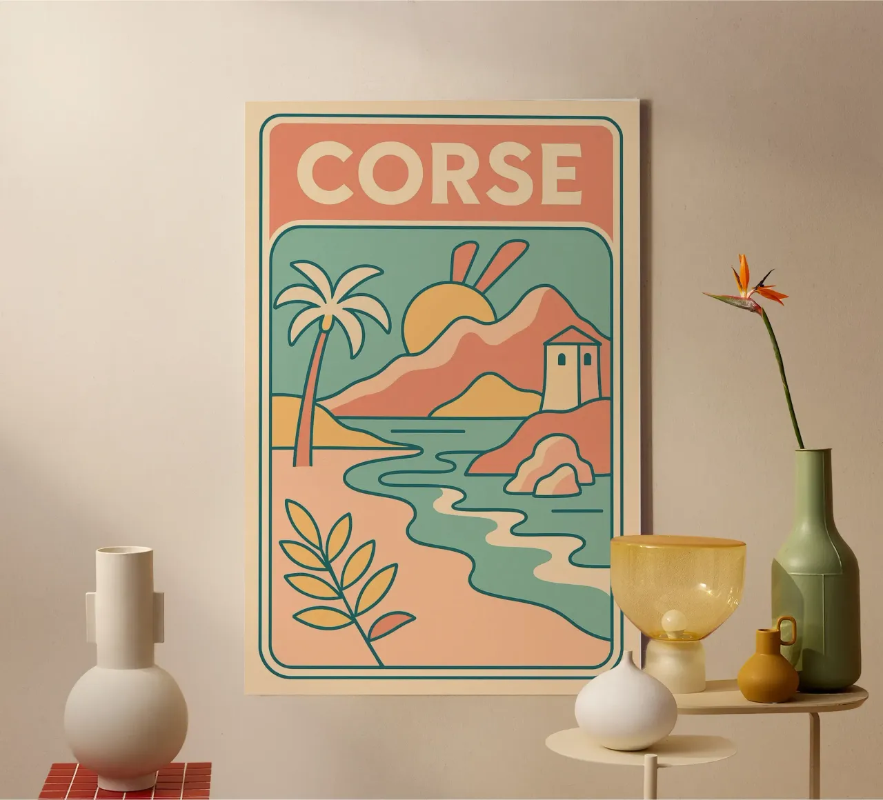 CORSICA - L'isola della bellezza in tenui colori pastello tela con Cornice a cassetta da JETLAG | affiches voyage