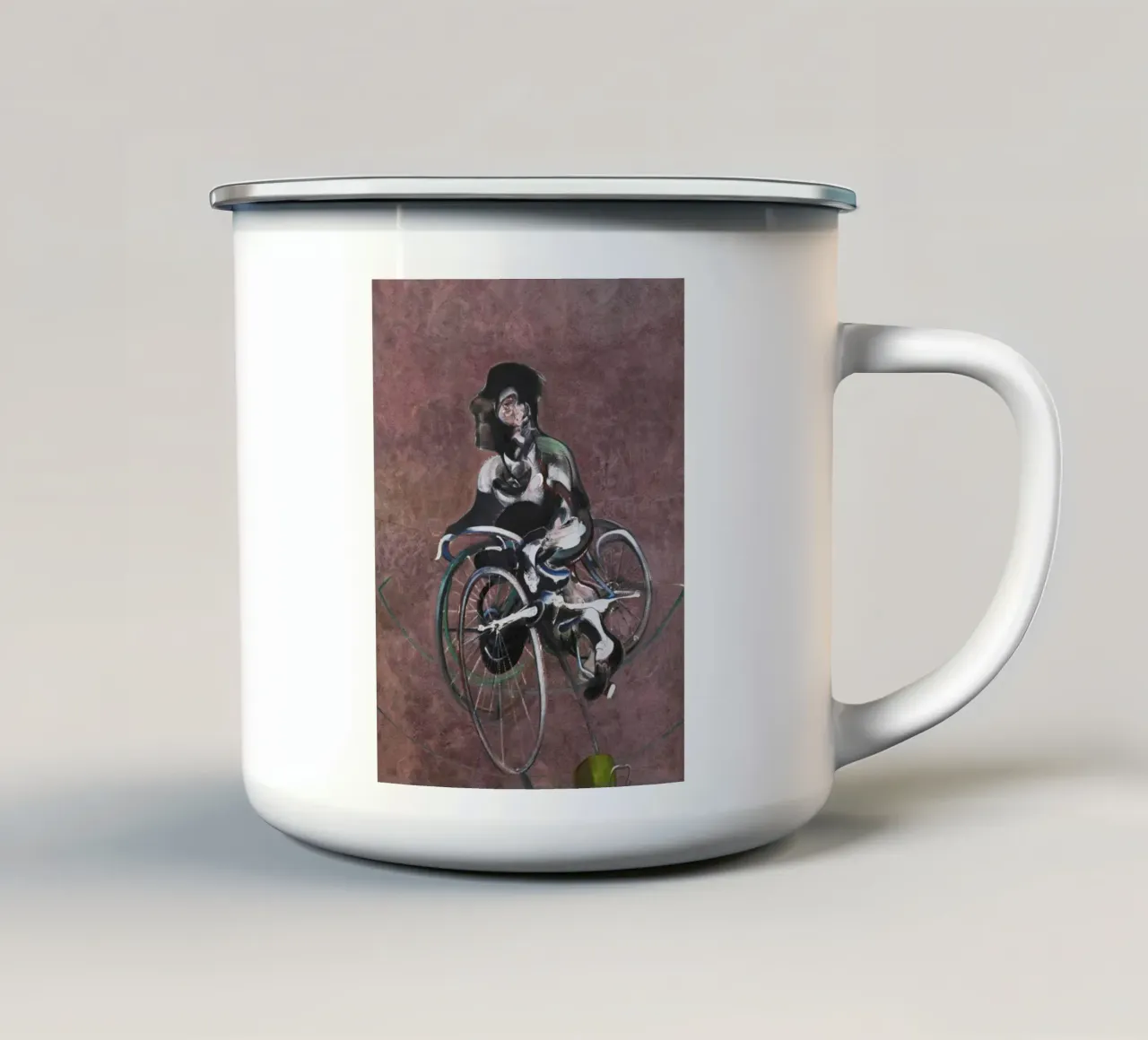 Ritratto di George Dyer in sella ad una bicicletta master tazza in smalto da Collins Shop