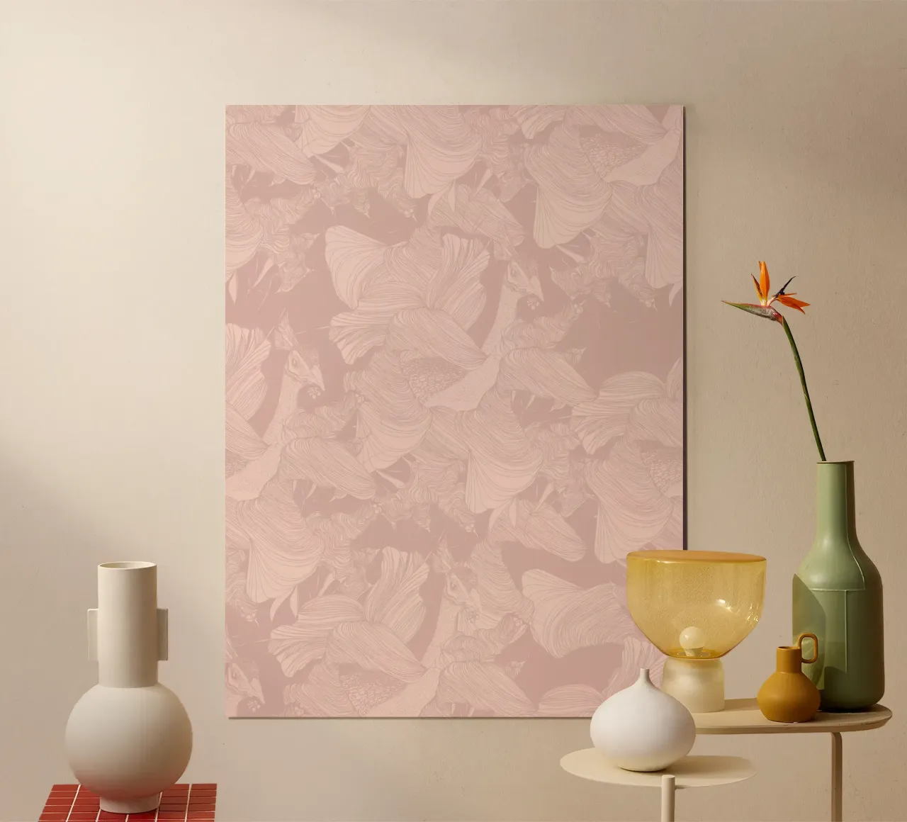 pavoni pink poster con telaio in legno da Giulio Iurissevich