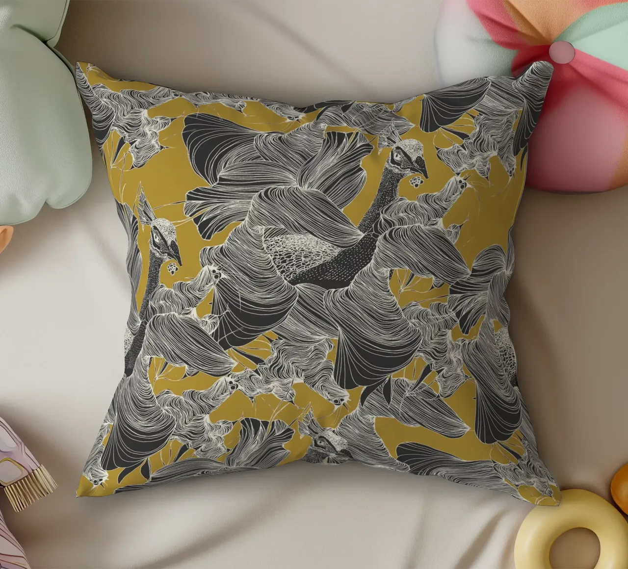 peacocks gold decorative cushion by Giulio Iurissevich