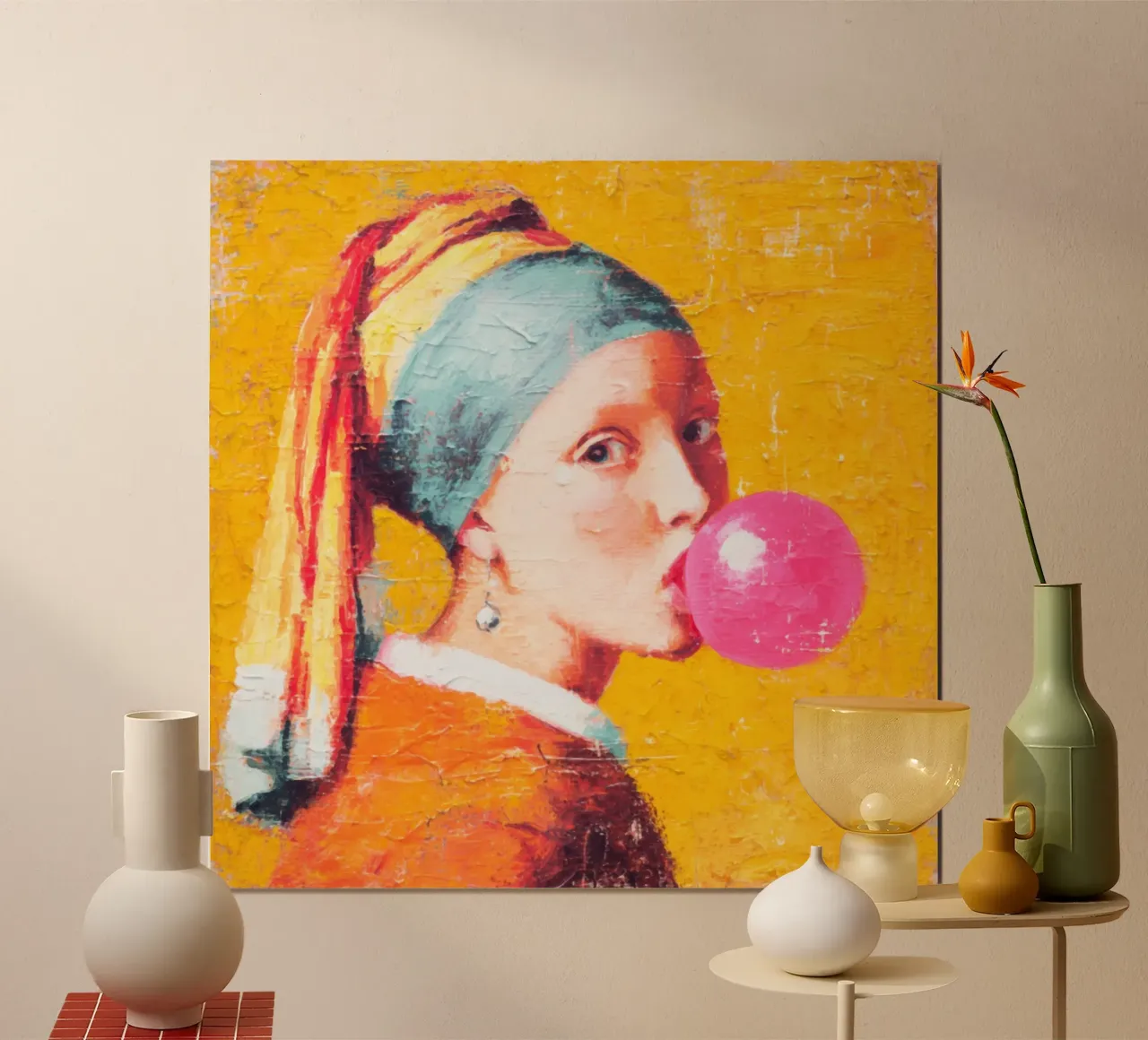 Ragazza con l'orecchino di perla che soffia gomme da masticare Divertimento moderno Pop Art poster con telaio in alluminio da Modern Muse