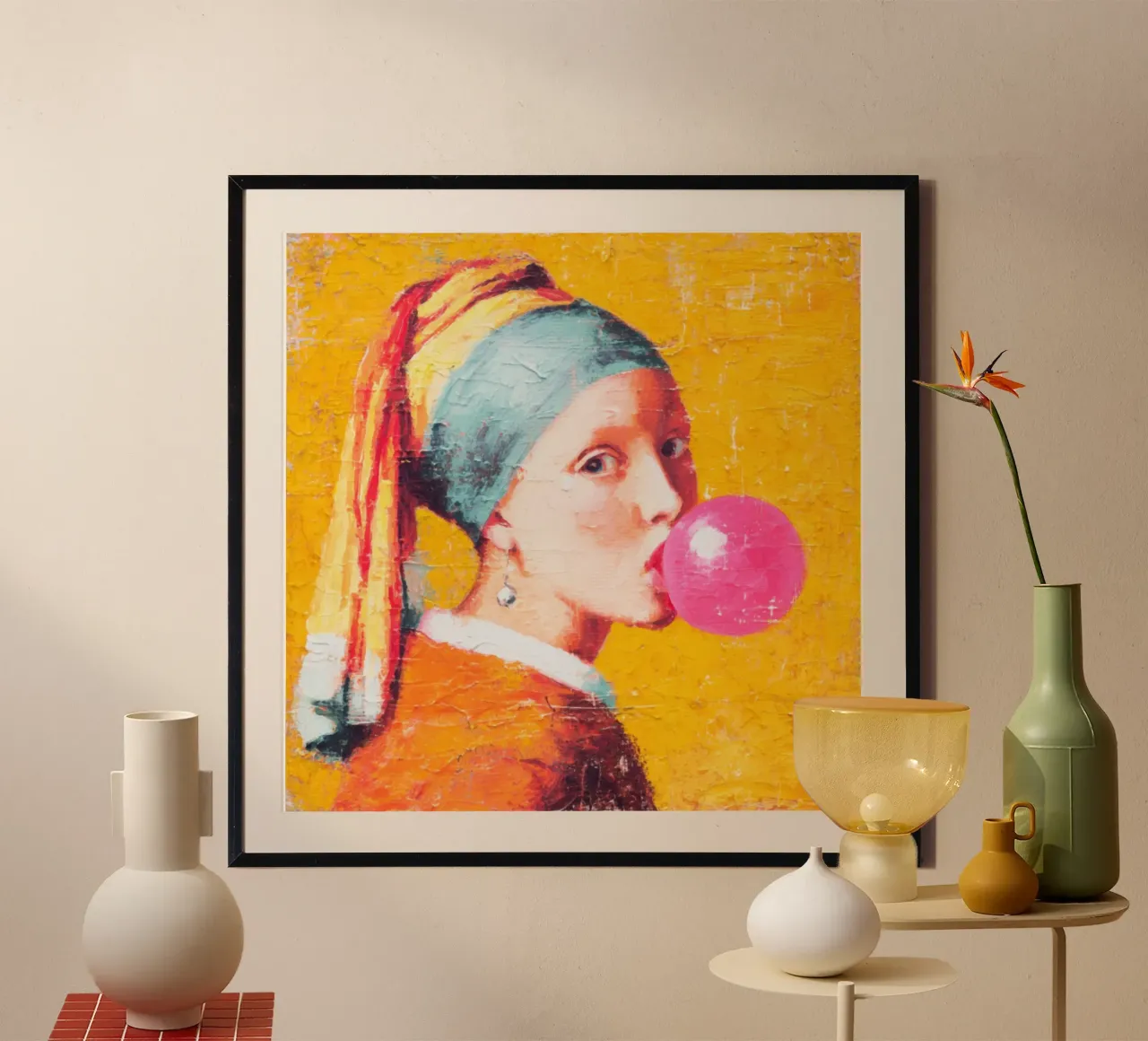 Ragazza con l'orecchino di perla che soffia gomme da masticare Divertimento moderno Pop Art poster con telaio in alluminio da Modern Muse