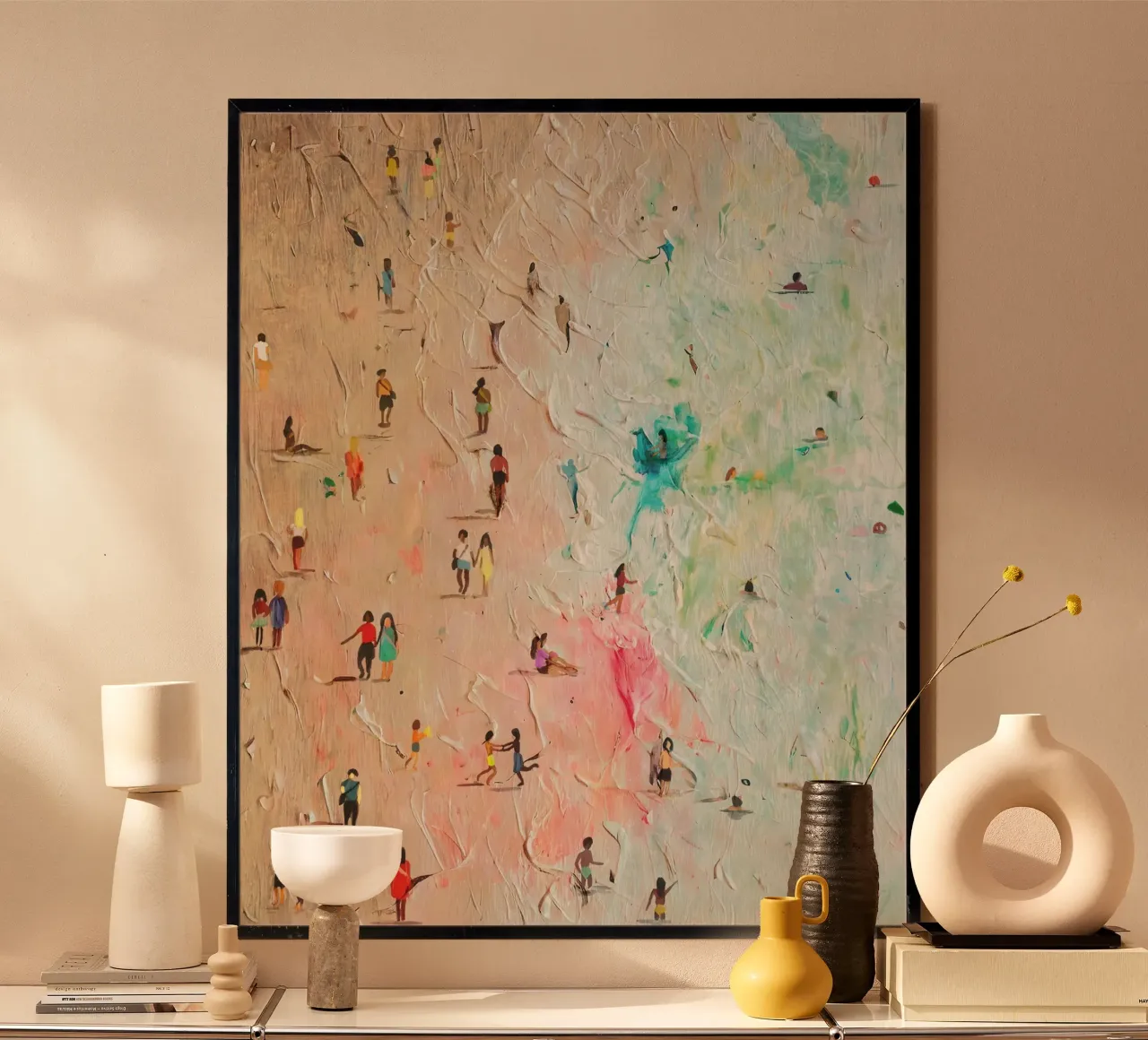 Moderne golven en leven: Impressionistisch strandlandschap poster met kunststof frame van Kunst und Kontrast