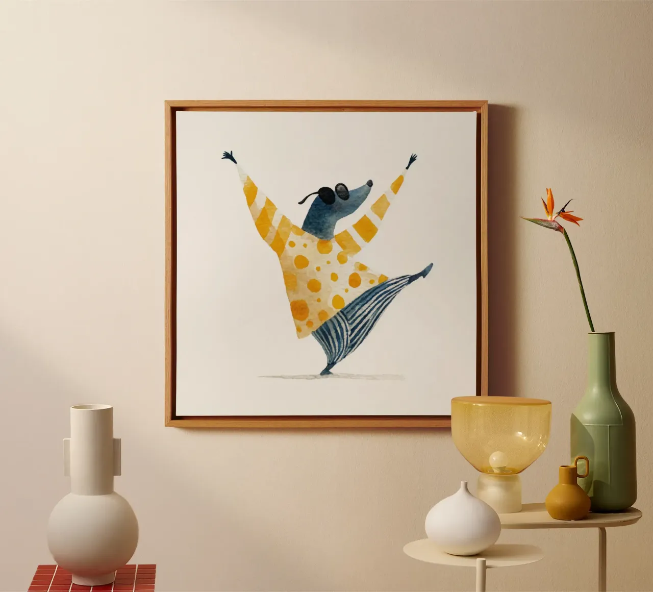 Tanzender Maulwurf in gelbem gepunktetem Pullover Aquarell Kunst Leinwand mit Schattenfugenrahmen von Modern Muse