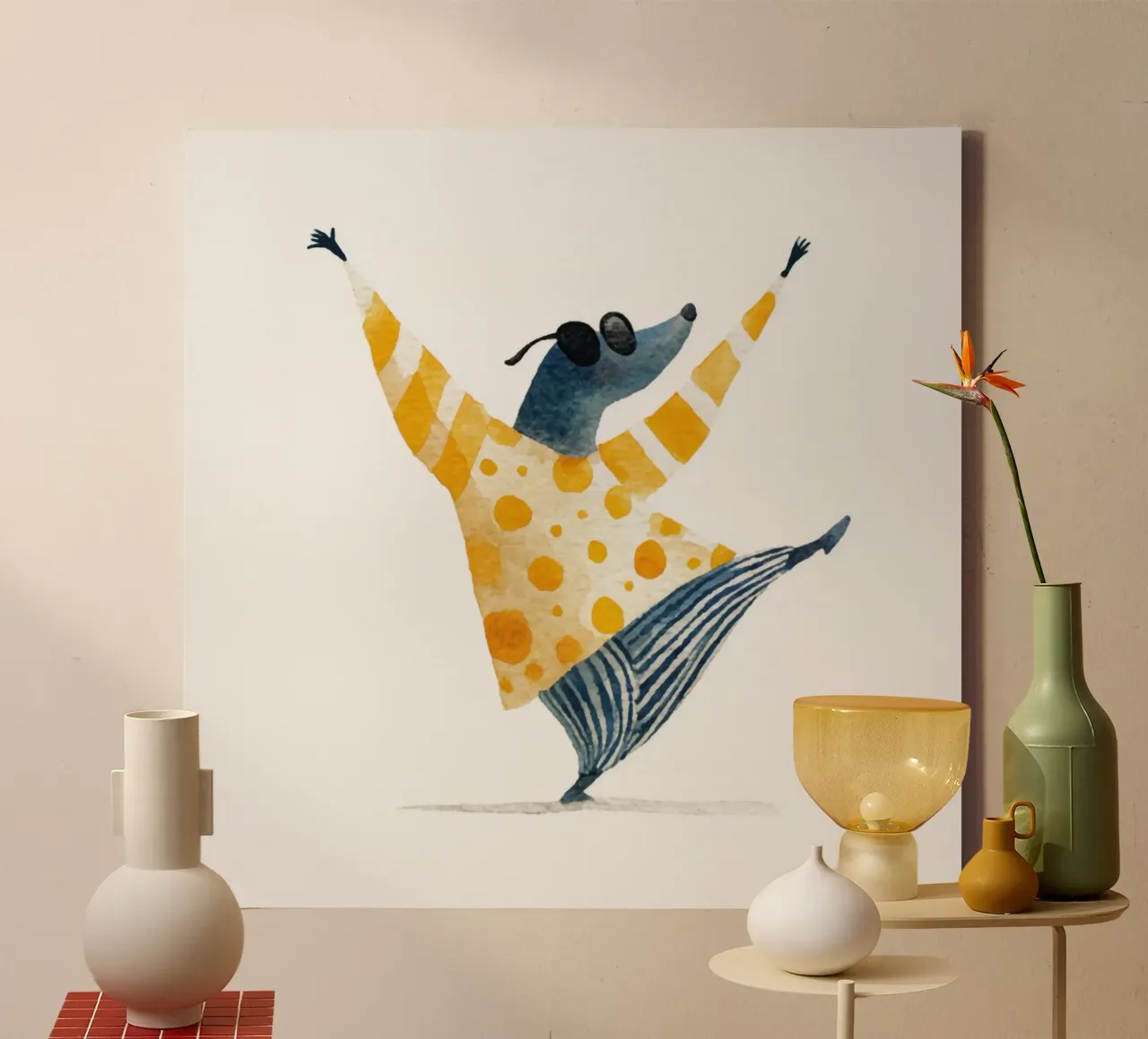 Tanzender Maulwurf in gelbem gepunktetem Pullover Aquarell Kunst Leinwand mit Schattenfugenrahmen von Modern Muse