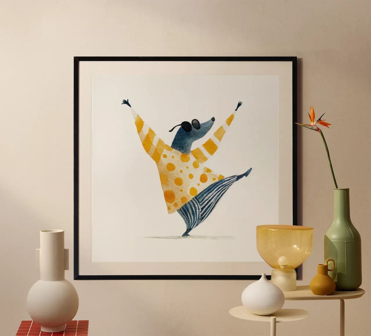 Talpa danzante con maglione giallo a pois Arte acquerellata poster con telaio in plastica da Modern Muse