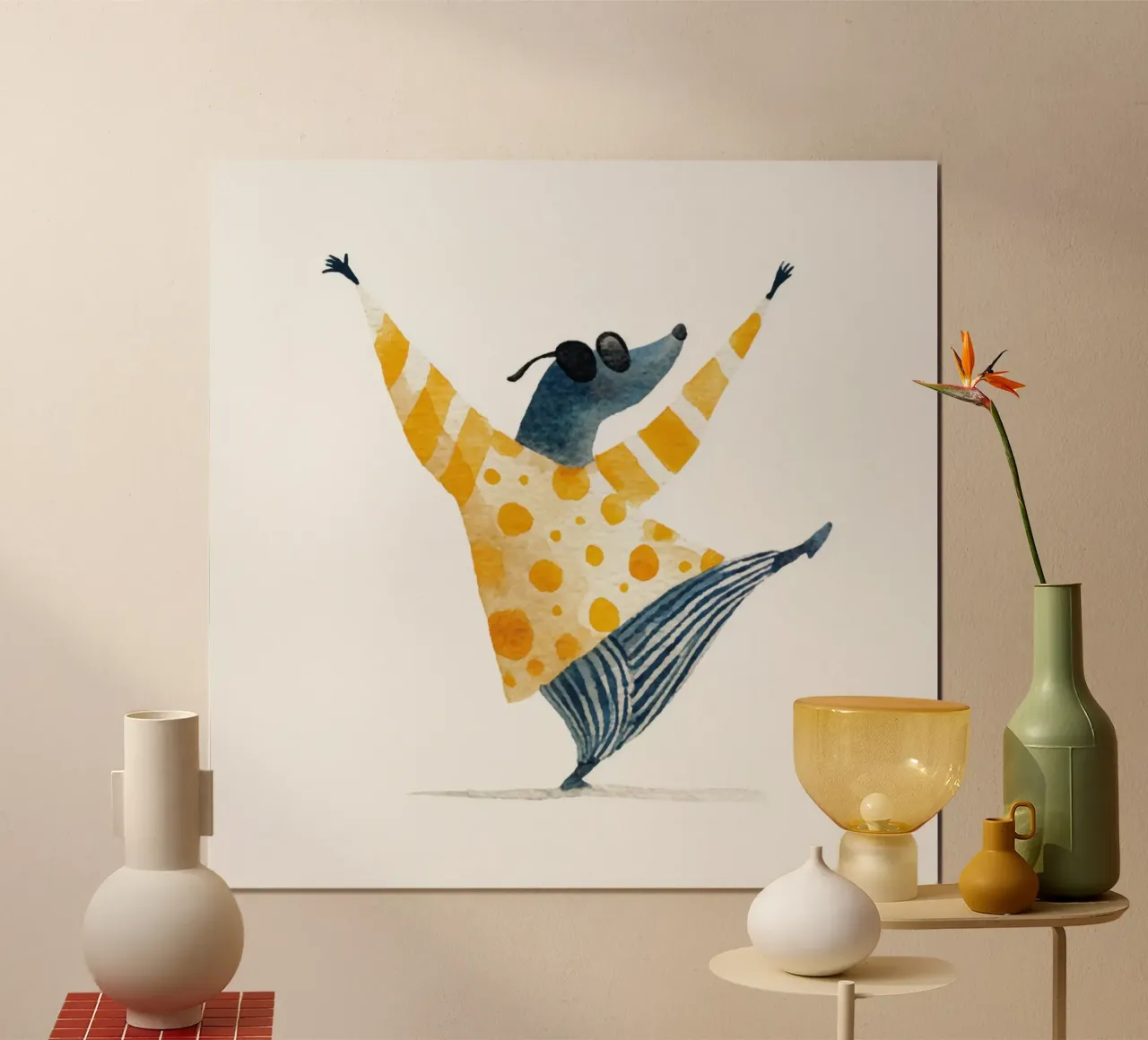 Talpa danzante con maglione giallo a pois Arte acquerellata poster con telaio in plastica da Modern Muse