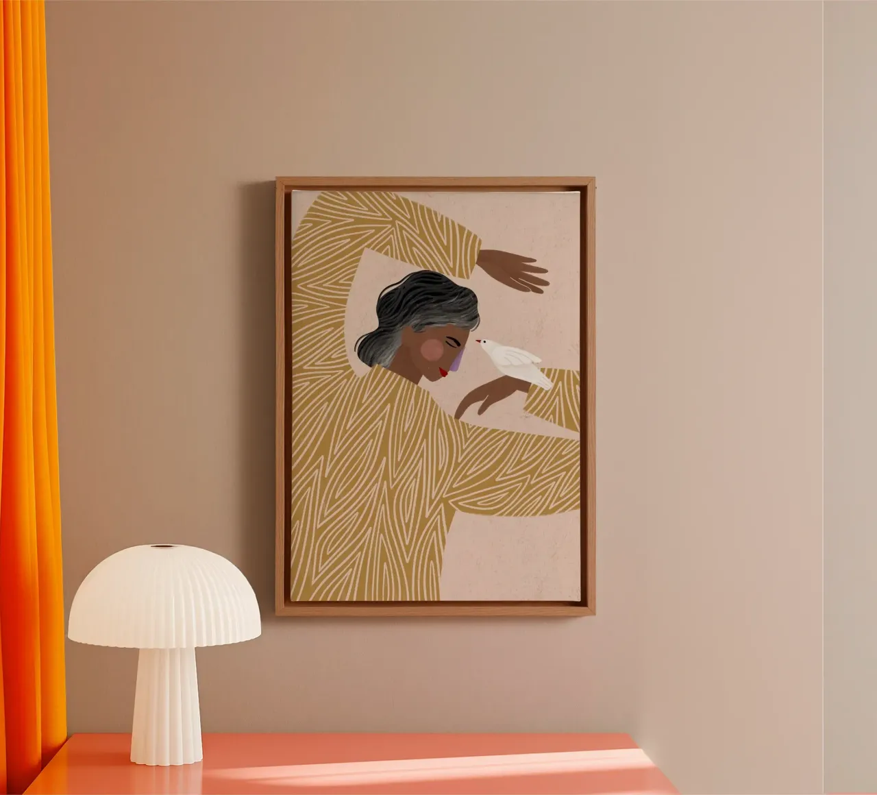 woman white bird canvas with Floater frame by Louis Butler