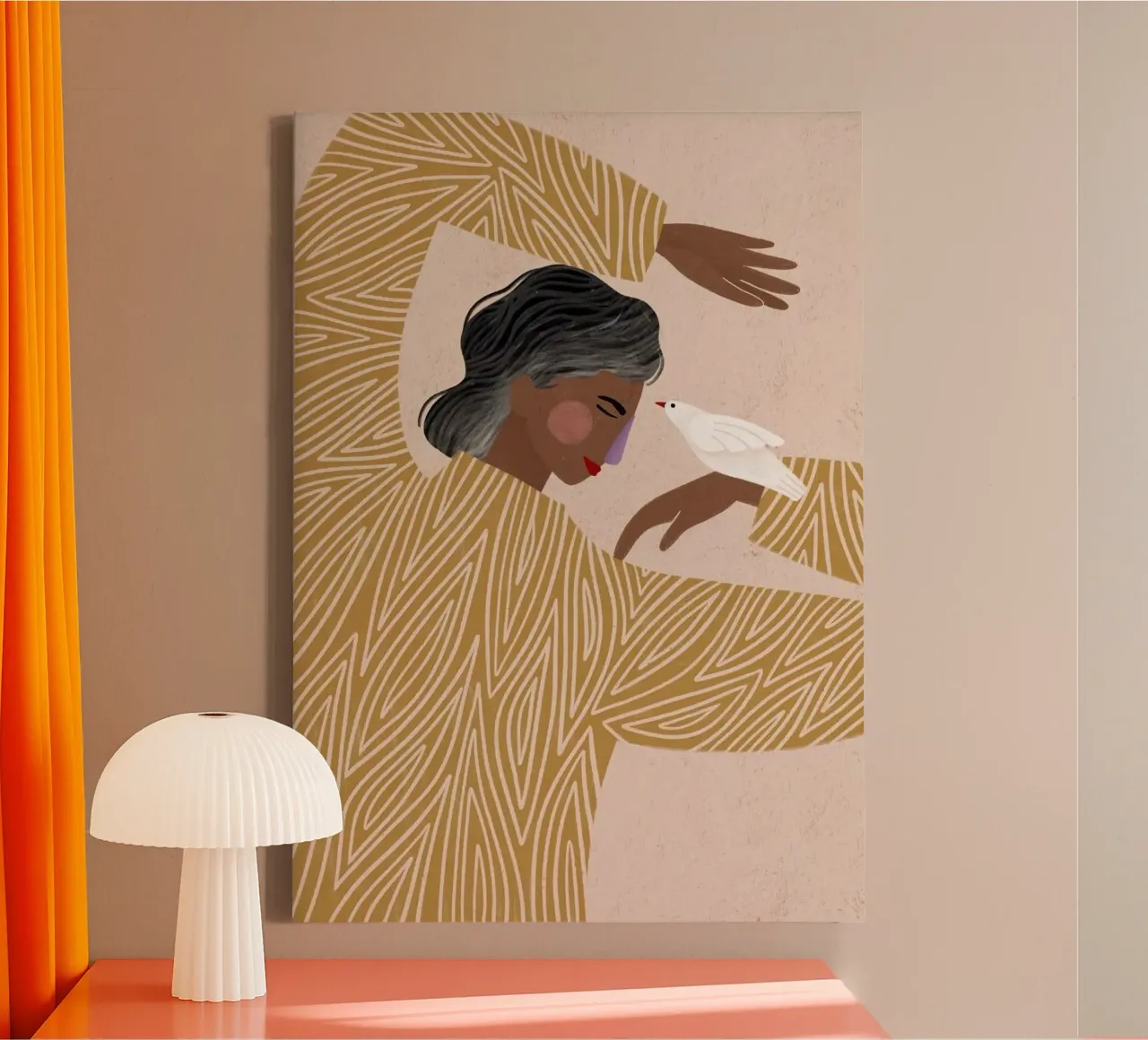 woman white bird canvas with Floater frame by Louis Butler