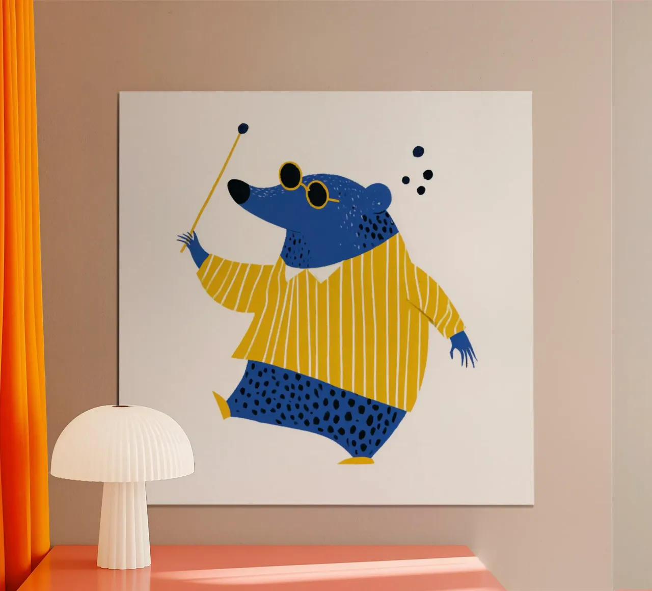 Talpa cieca con maglione giallo a righe Vivaio scandinavo poster con telaio in legno da Modern Muse