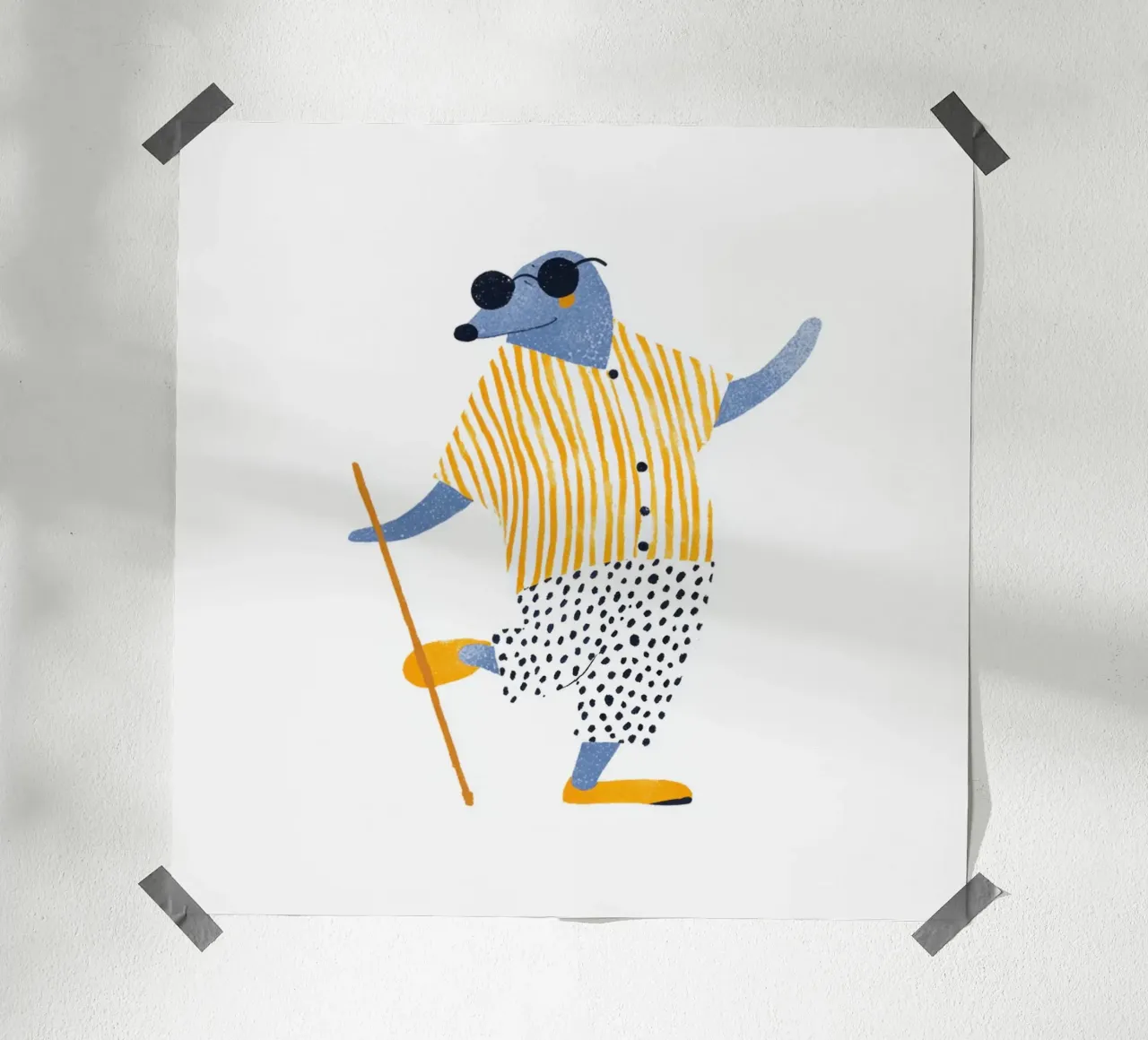 Elegante talpa cieca con bastone camicia a righe gialle bambini Art poster da Modern Muse