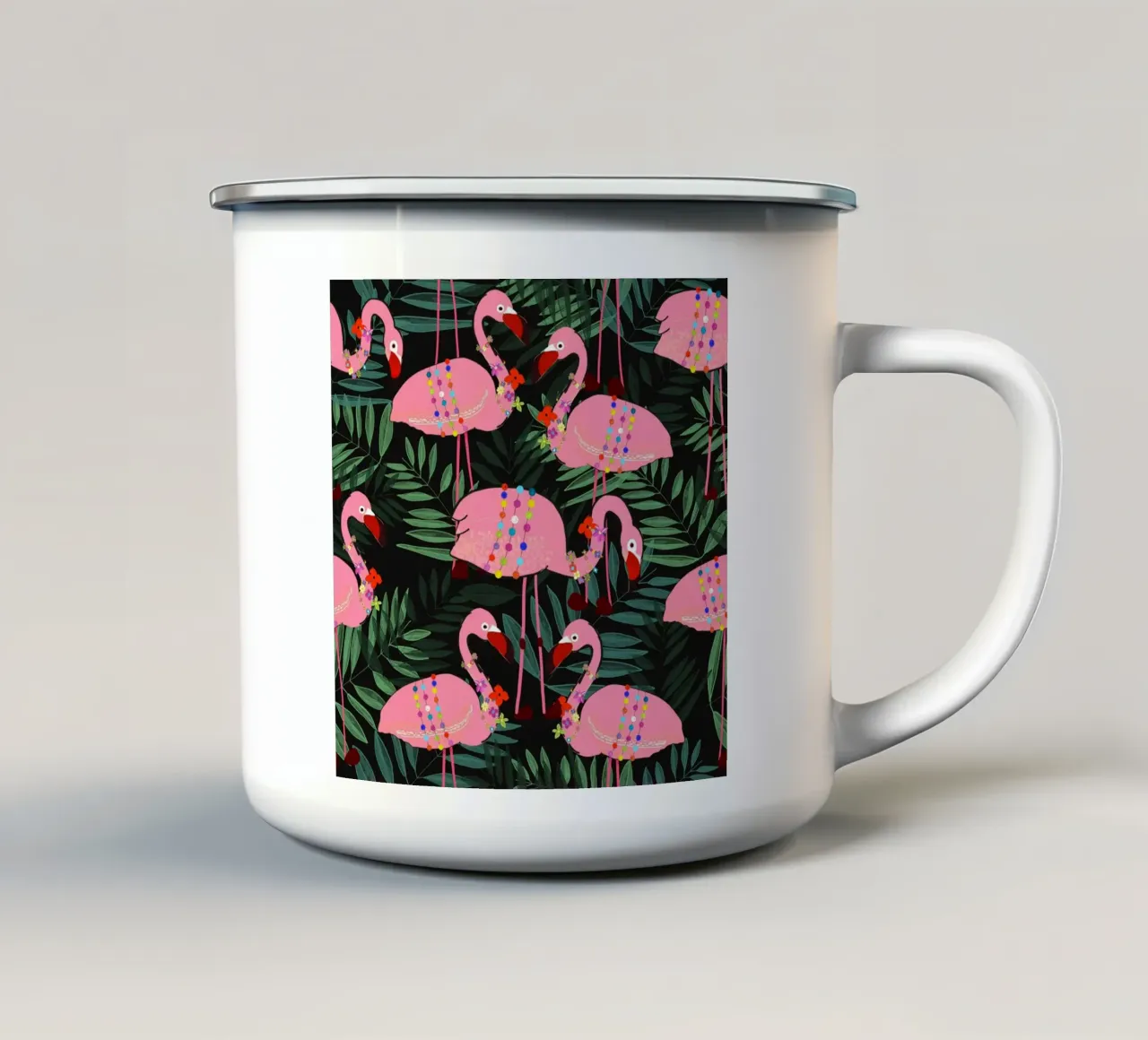 Fenicottero con fiori tropicali nero tazza in smalto da gulsengunel