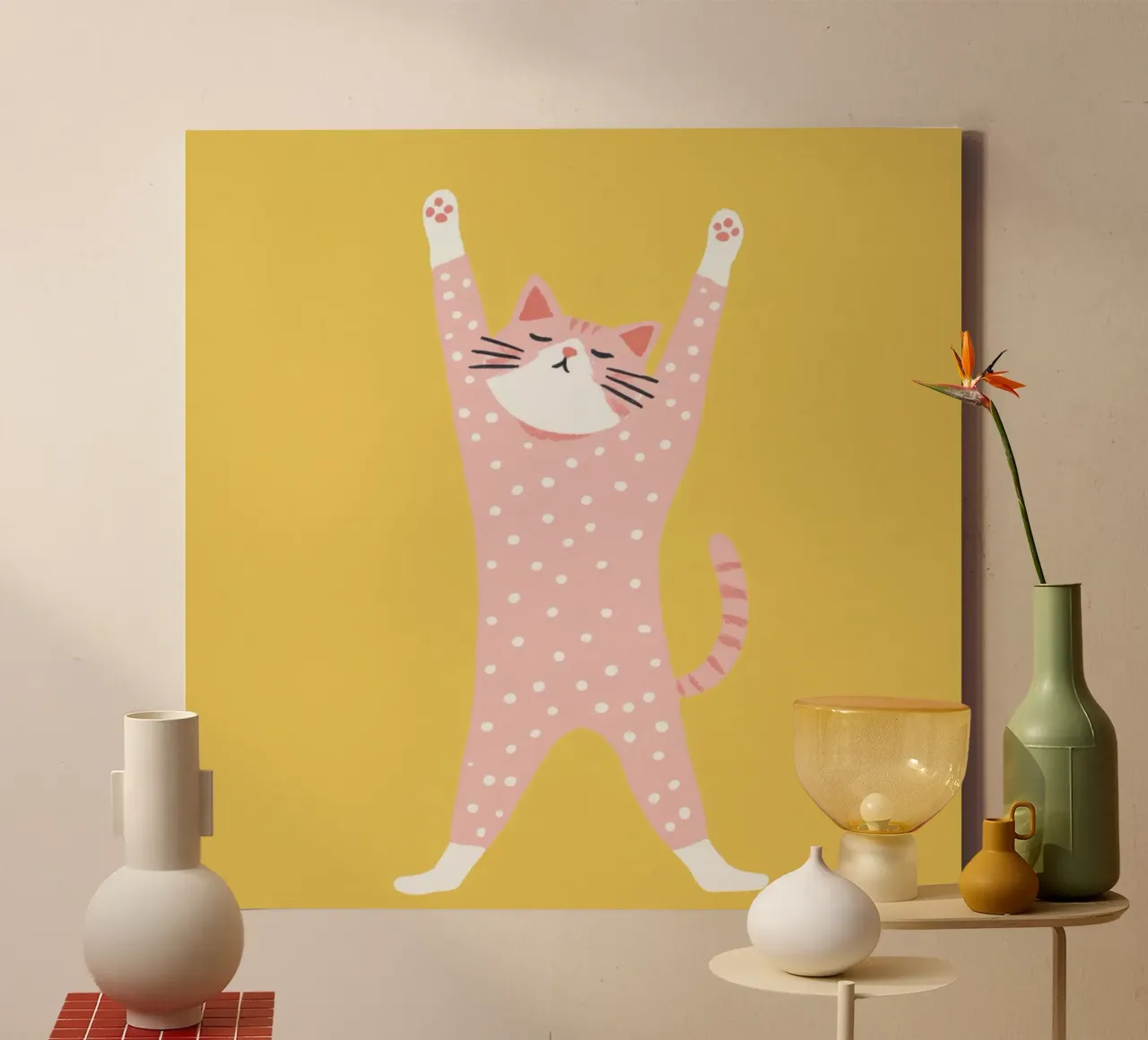 Polka Dot Kat reikt omhoog Minimal Scandinavische kinderkunst canvas met Baklijst van Modern Muse