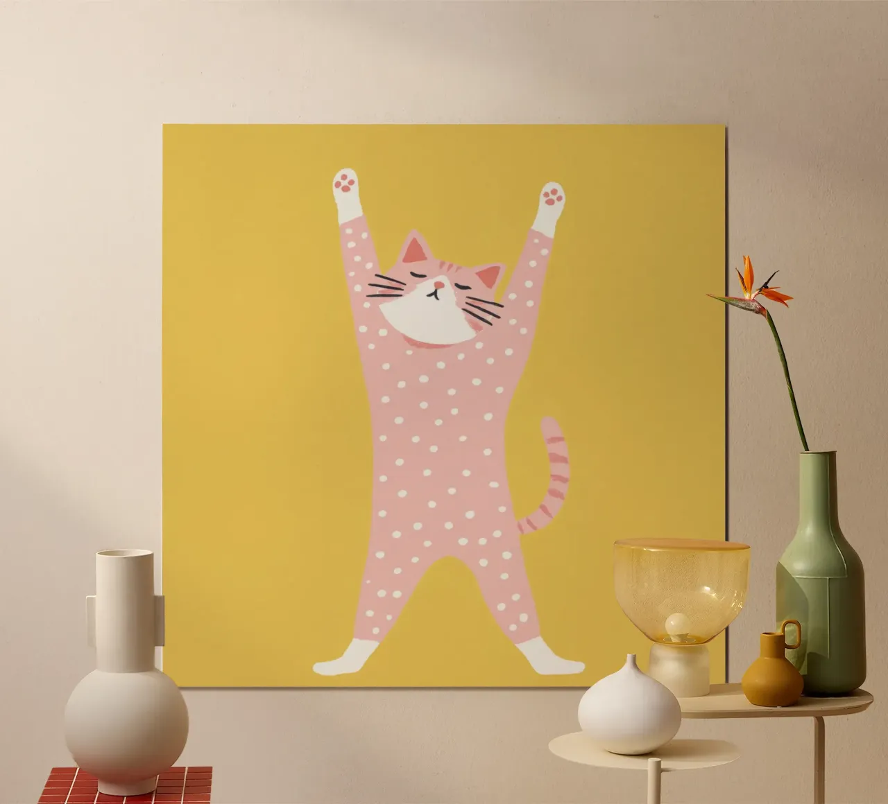 Polka Dot Katze Reaching Up Minimal Skandinavisch Kinder Kunst Poster von Modern Muse