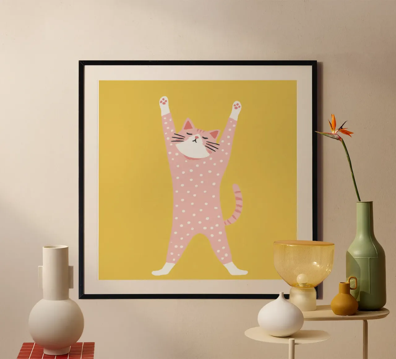 Polka Dot Katze Reaching Up Minimal Skandinavisch Kinder Kunst Poster von Modern Muse