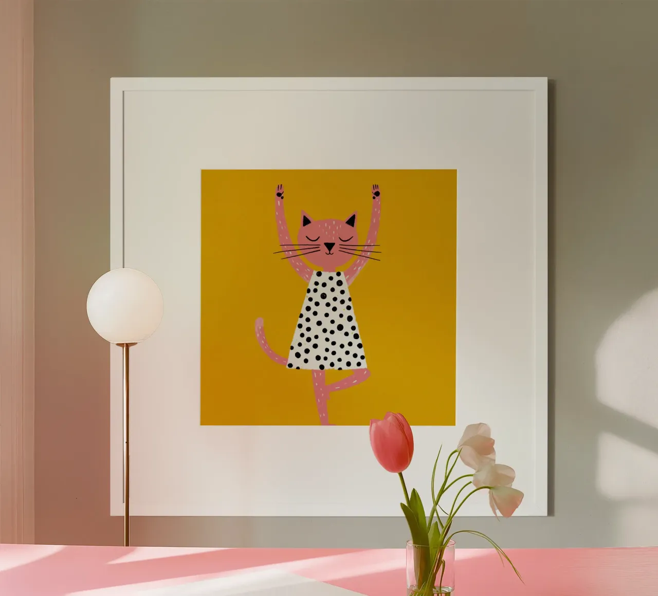 Vestito a pois Cat Yoga Pose Moderno Scandinavo Bambini Poster poster con telaio in legno da Modern Muse