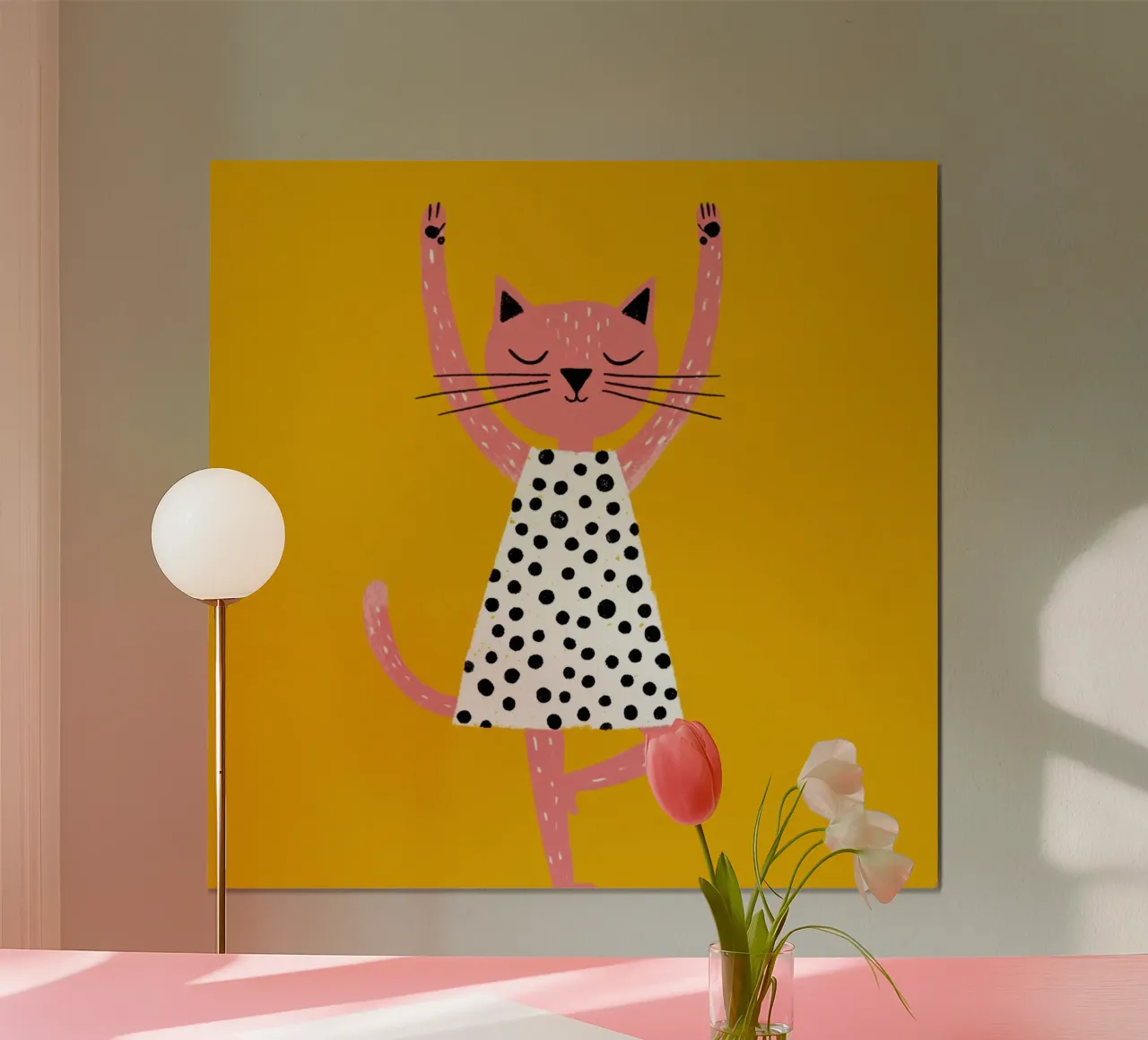 Vestito a pois Cat Yoga Pose Moderno Scandinavo Bambini Poster poster con telaio in legno da Modern Muse